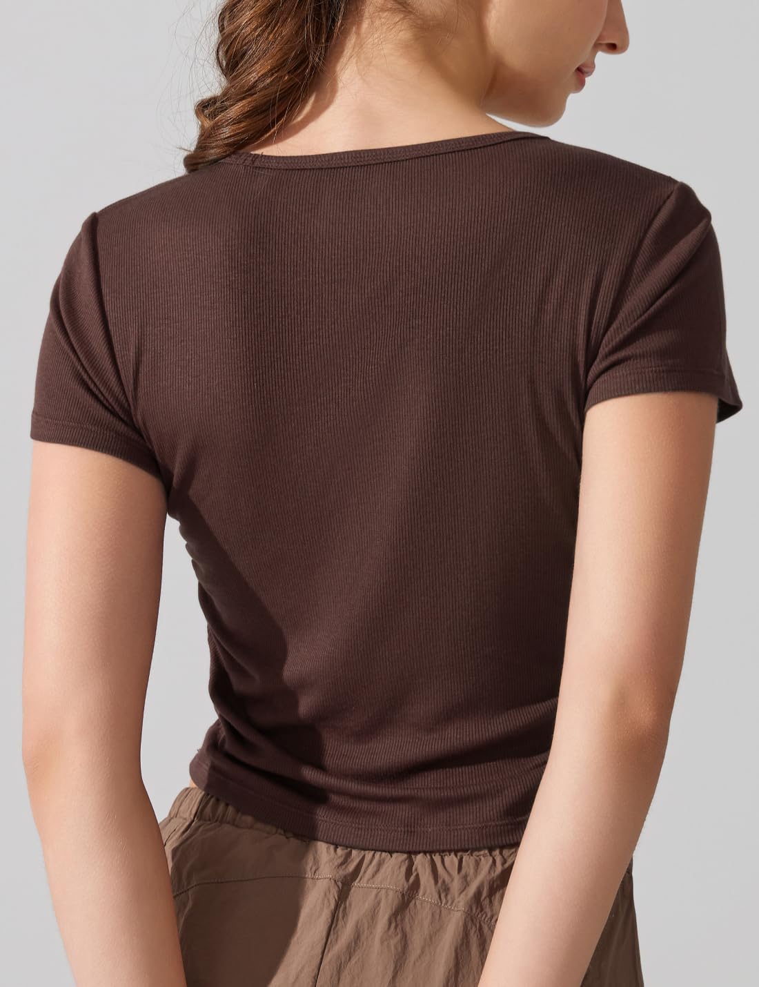 AJISAI Women Summer Soft Ribbed T-Shirts Side Ruched Short Sleeve Round Neck Tops Slim Fit Crop Basic Going Out Tees - Image 2