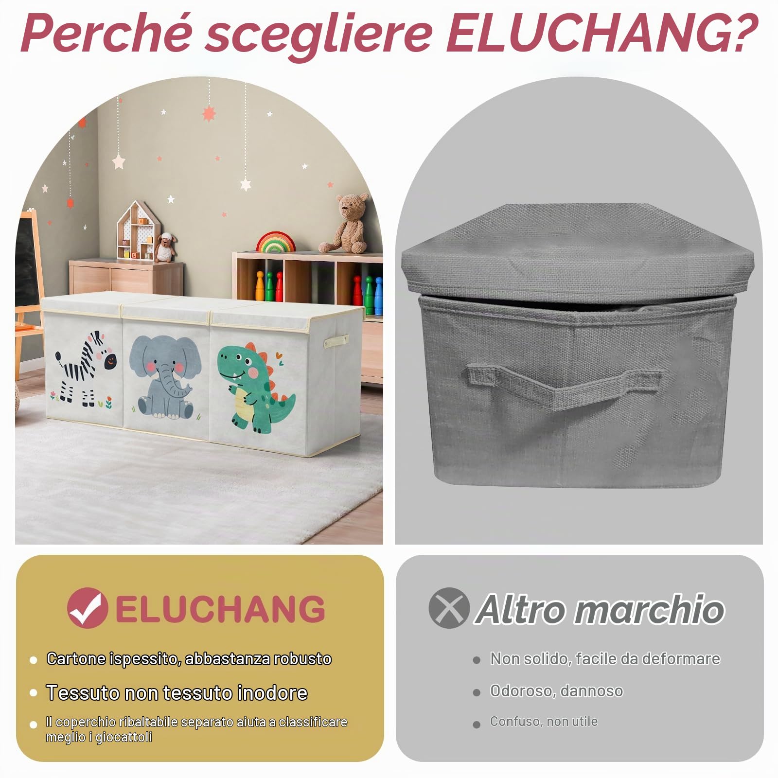 ELUCHANG Scatole Portaoggetti per Bambini，Contenitore Porta Giochi con Coperchio，147 L Porta Giochi Bambini Contenitori Pieghevole per Giocattoli, Vestiti, Guardaroba, Libri, Beige