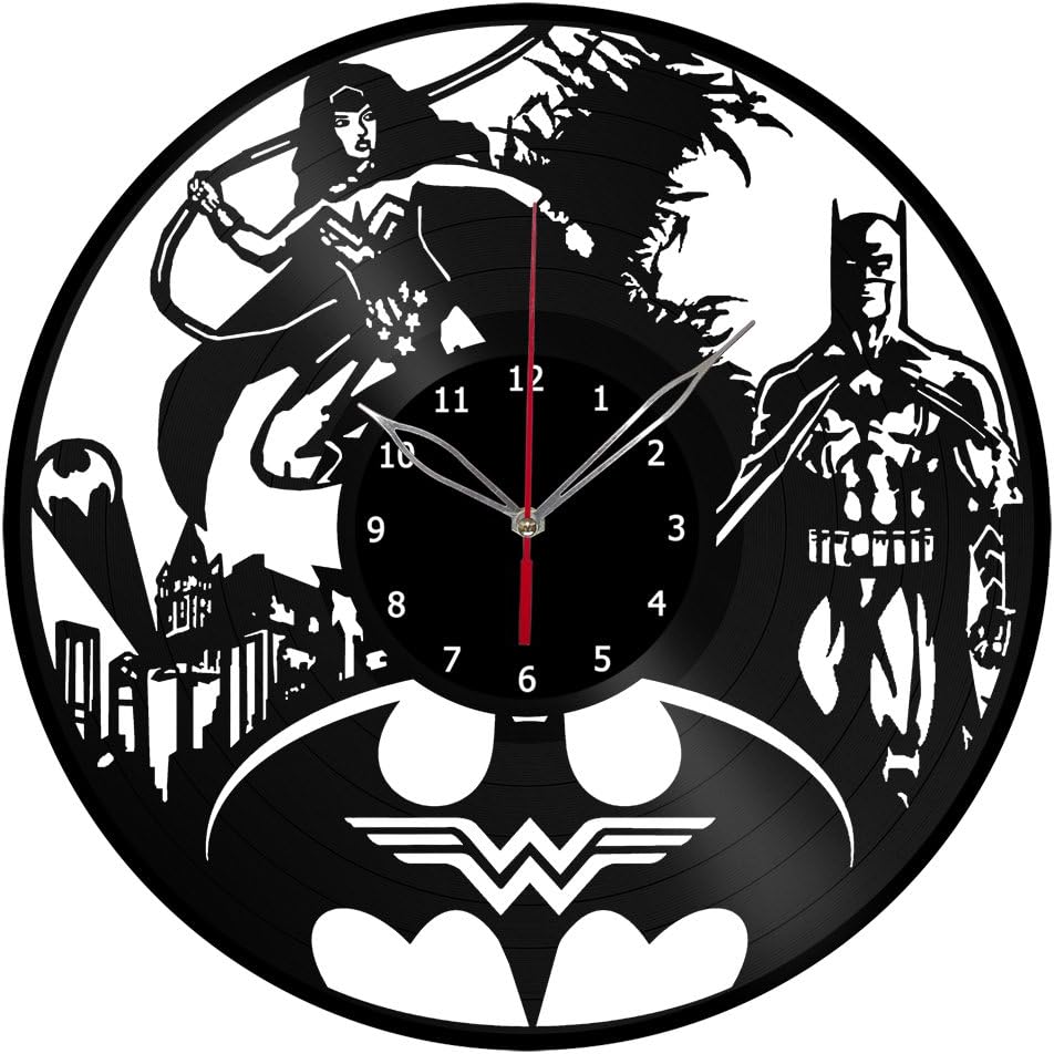 "Handmade" Batman & Wonder Woman Clock Record Wall Clock Fan Art Decor Unique