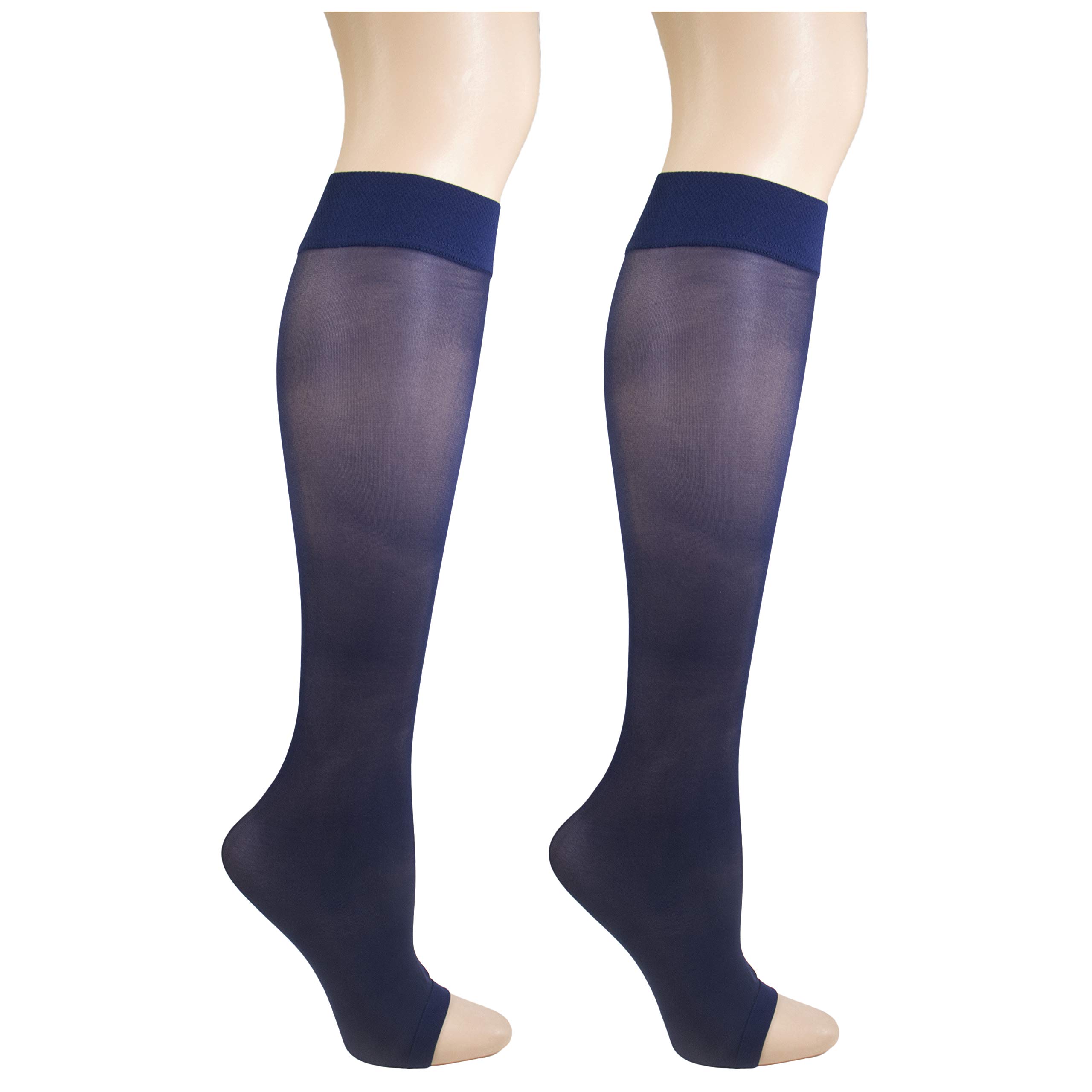 NuVein Sheer Compression Stockings for Women, 8-15 mmHg Support, Light Denier, Knee High, Open Toe, Navy, Large