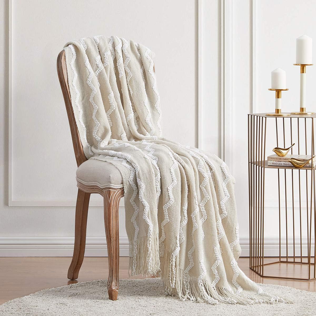 BOURINA Fluffy Chenille Knitted Fringe Throw Blanket Lightweight Soft Cozy for Bed Sofa Chair Throw Blankets Beige 60" x 80"