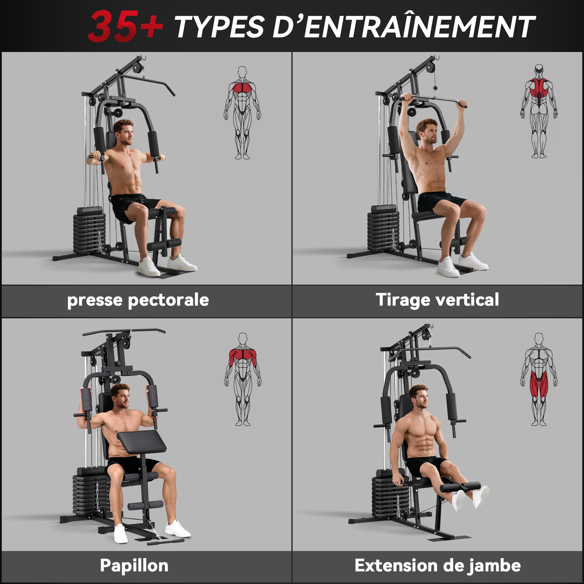 HOMCOM Station de Musculation Fitness Machine de Musculation avec 9 Blocs de Poids de 5 kg, 45kg au Total, entraînement Complet - 200 x 135 x 103 cm
