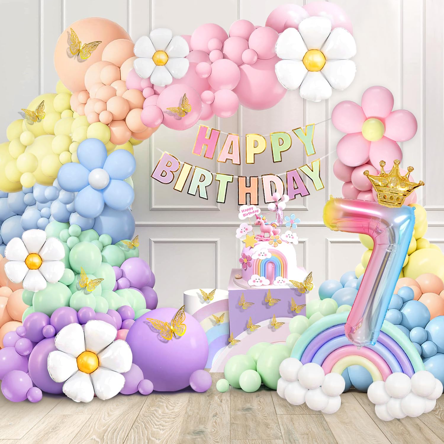 Pastel 7th Birthday Decorations for Girls 219Pcs Daisy Balloon Garland Kit, 18 10 5 Inch Pastel Rainbow Balloons Arch, Number 7 Balloons for 7 Year