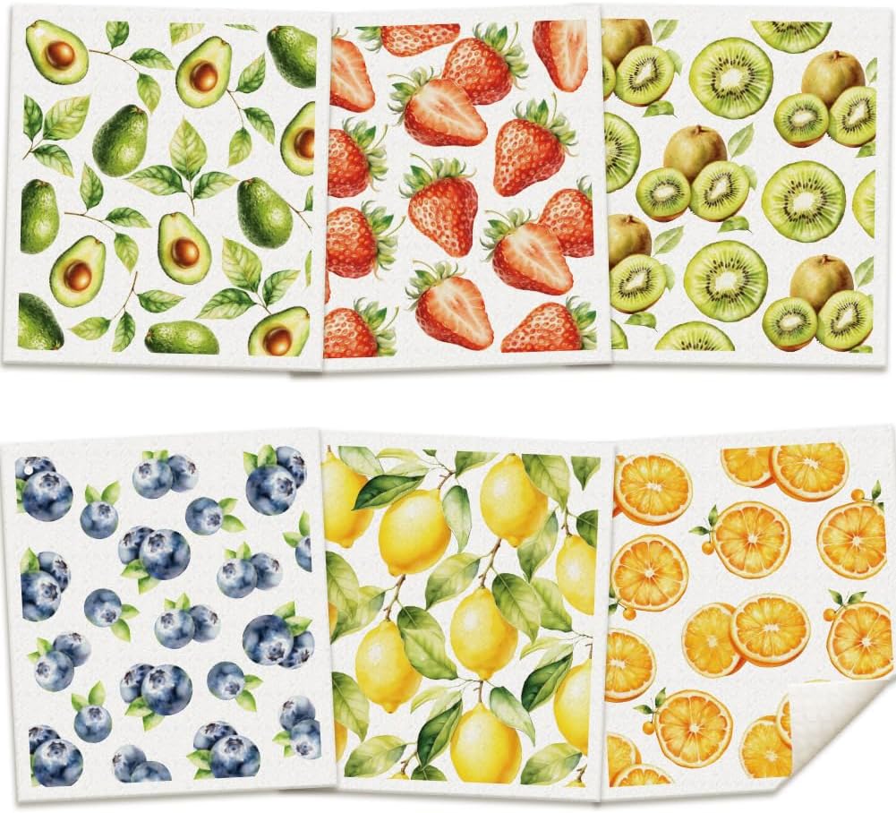 ORIGACH 6 PCS Mixed Fruit Swedish Dishcloths for Kitchen