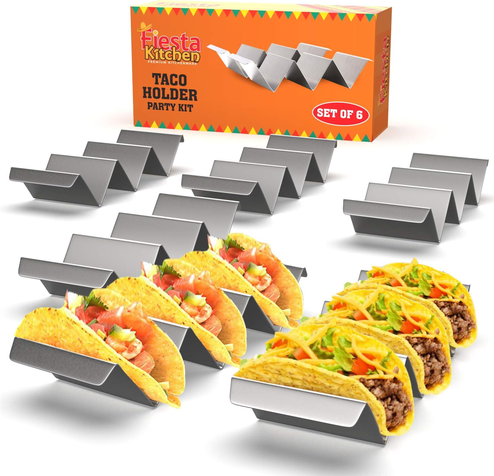 Taco Holder Stand - Set of 6 - Oven & Grill Safe Stainless Steel Taco Racks With Handles - Fill & Serve Tacos With Ease - Taco Trays