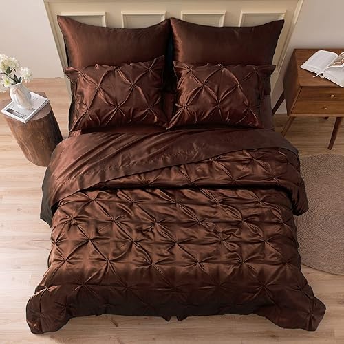 MR&HM Satin Comforter Queen 7 Pieces - Luxurious Pinch Pleat Bedding Set with Comforter, Flat Sheet, Fitted Sheet, Pillowcases & Shams, Super Silky Soft Bed Set for All Season (Queen, Brown)