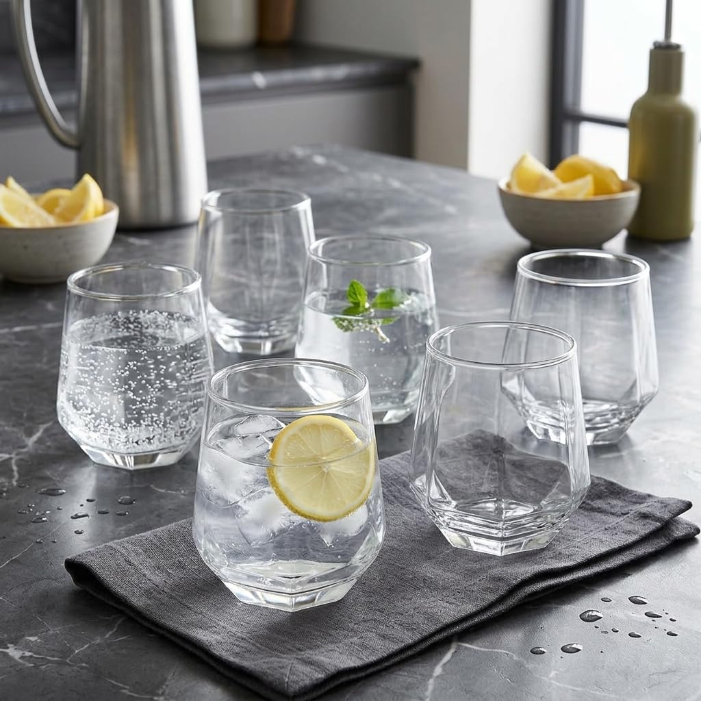Deconox 6'lı Geometrik Cam Su ve Meşrubat Bardağı Seti - Modern Kesim Kahve Yanı Bardağı (340 ml)