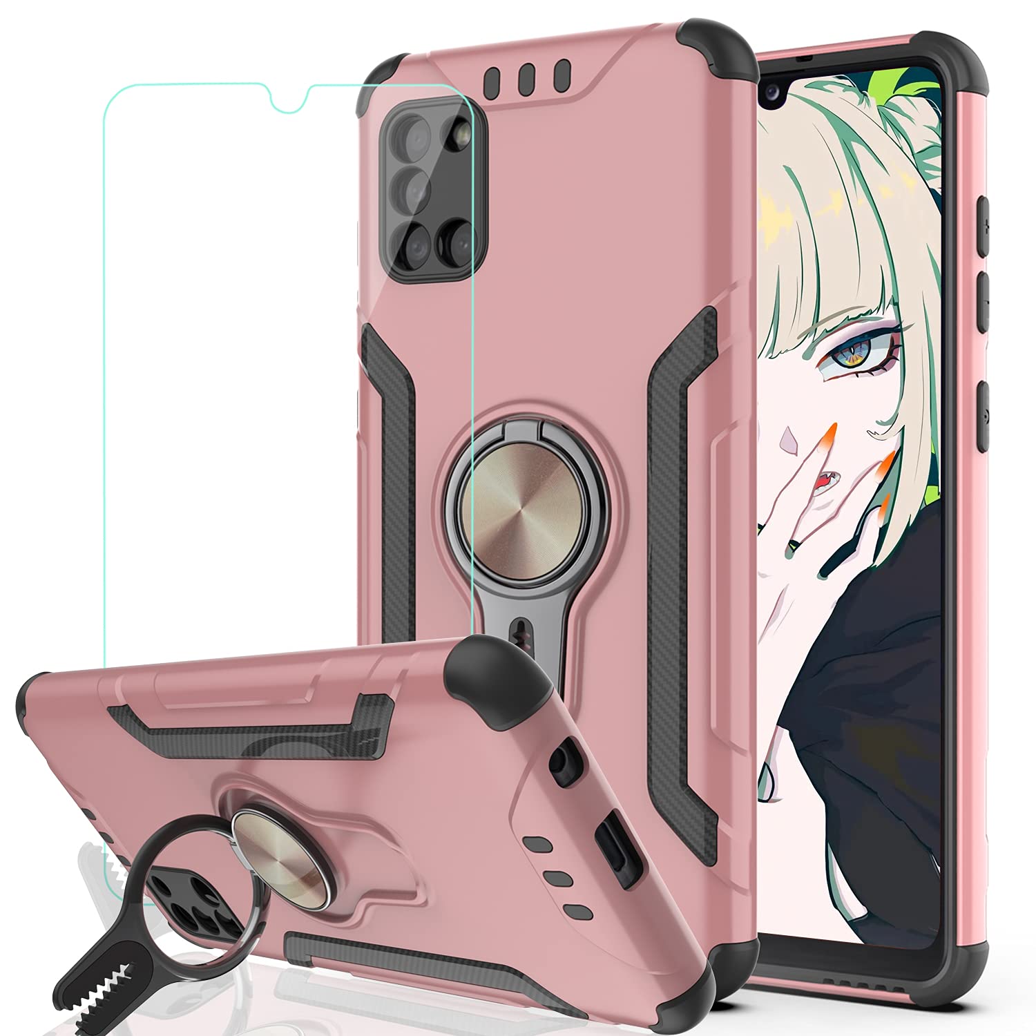 Galaxy A31 Case Samsung Galaxy A31 Phone Case with HD Screen Protector,KaiMai Ring Magnetic Holder Kickstand Dual Layers of Shockproof Phone Case for Samsung Galaxy A31-LJ-Rose Gold