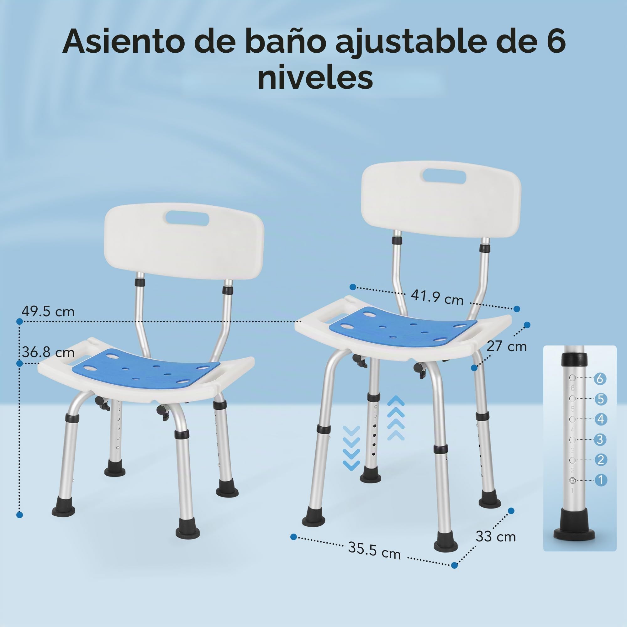 Careboda Silla de ducha ajustable de 6 alturas con montaje sin herramientas, silla de bañera de aluminio con cojín de asiento para ducha interior, antideslizante para seguridad