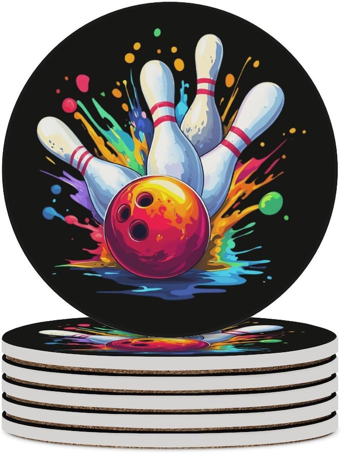 Colorful Bowling Day Funny Round Ceramic Coasters for Drink Absorbent Cup Holders Tabletop Protection