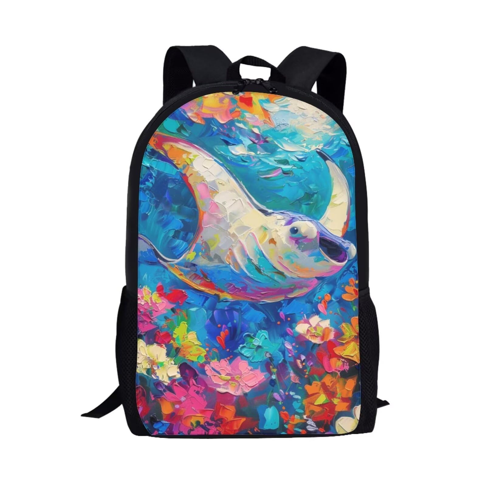 PinUp Angel Funny Manta Ray Print Cute Backpack For Boys Girls Elementary School Bags Kids Artistic Animal Oil Painting Bookbag Lightweight Durable