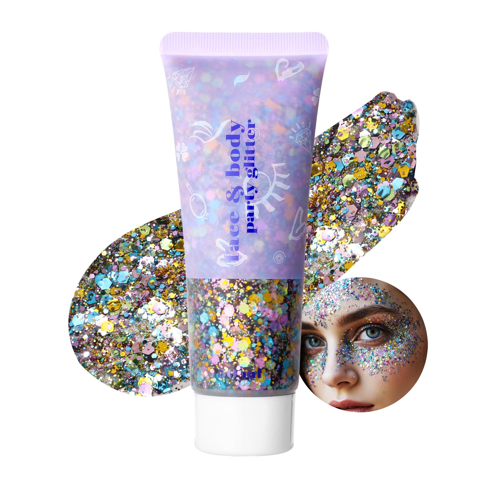 Prreal Body Glitter gel 50ml, Mermaid Sequins Chunky Glitter Liquid Gel kit, Long-Lasting Glitter Sequins Chunky Powder Gel For Festival Masquerade Birthday Makeup