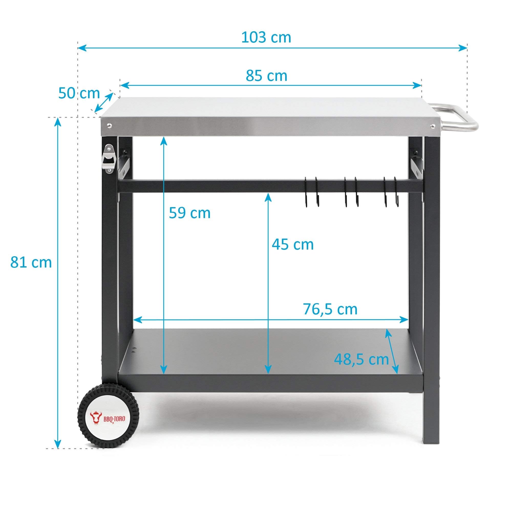 BBQ-Toro Chariot pour Barbecue 85 x 50 x 81 cm | Table d'appoint en métal avec Plan de Travail en Acier Inoxydable | Cuisine d'extérieur