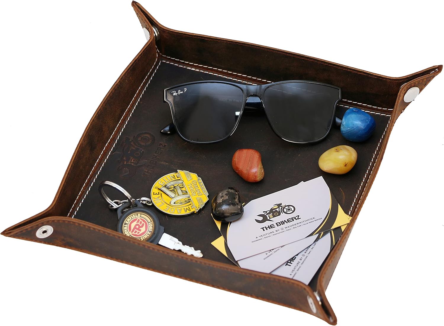 Valet Tray for Men, Leather Jewelry Catchall Key Phone Coin Box Change Caddy Bedside Storage Box (Crazy Horse Leather - Dark Brown) (Small)