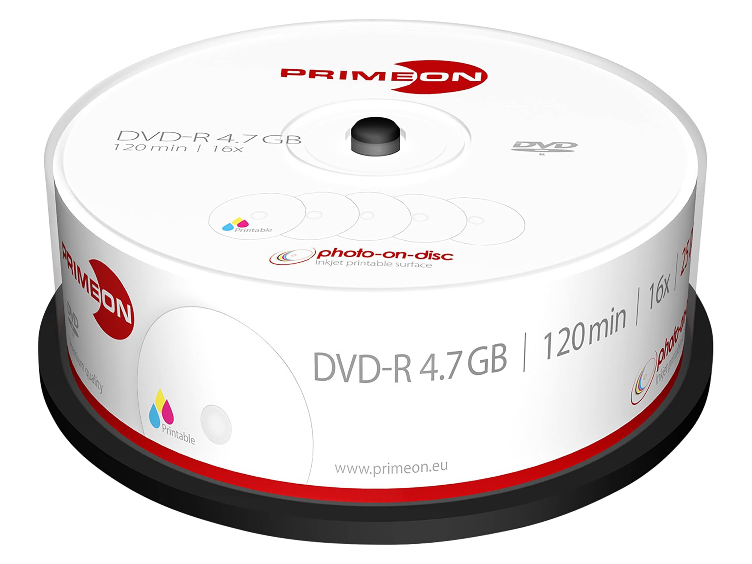 MediaCom IT-Distribution GmbH Primeon 4,7 GB DVD-R / 120 Min / 16X Cakebox (25 Discos) Superficie Foto-On-Disco, De Tamaño Completo Imprimible por Chorro De Tinta