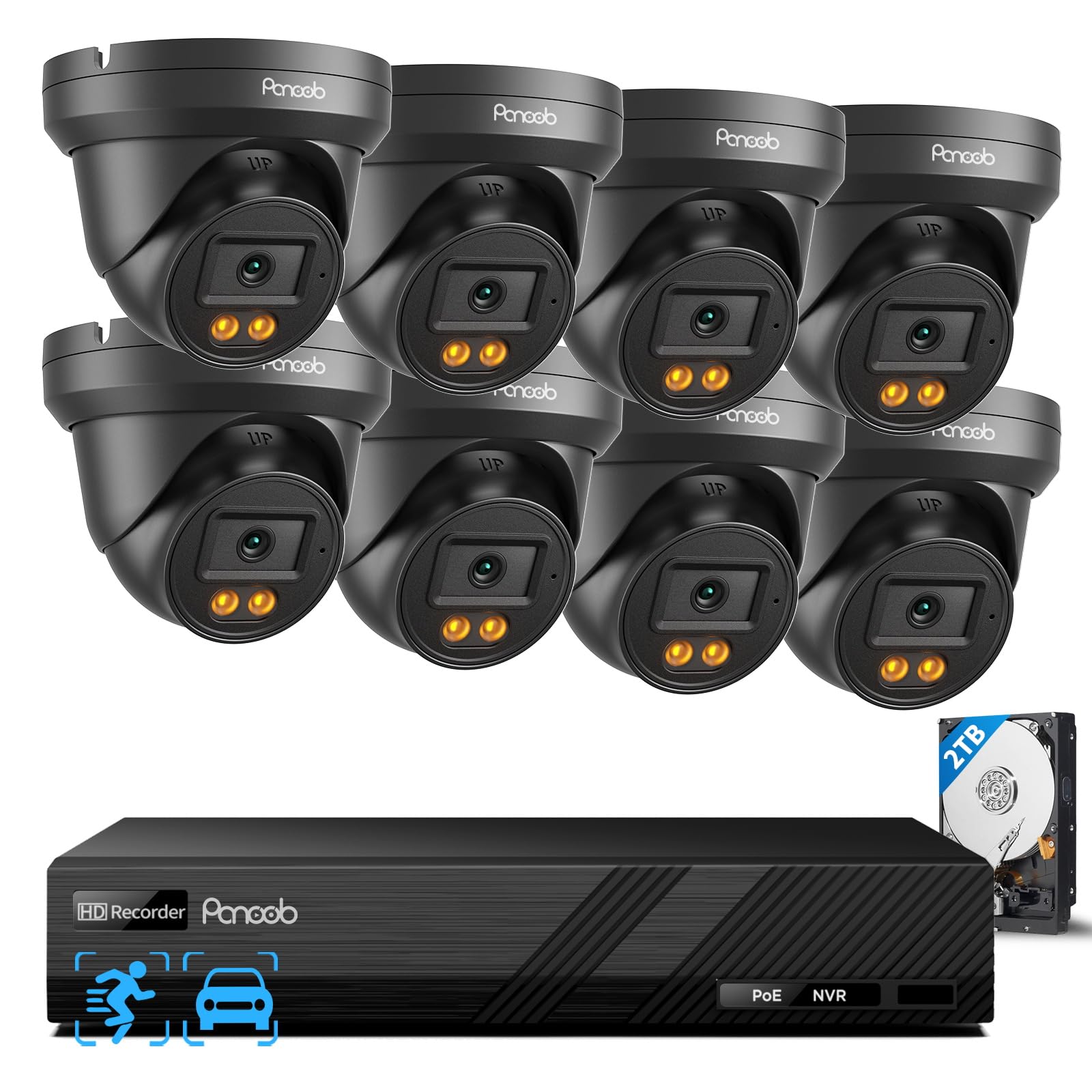 PANOOB Security Camera System PoE, 8X 4MP Wired Bullet IP Cameras Outdoor Built-in Microphone, AI Human Vehicle Detection, 5MP 8CH NVR with 2TB HDD,