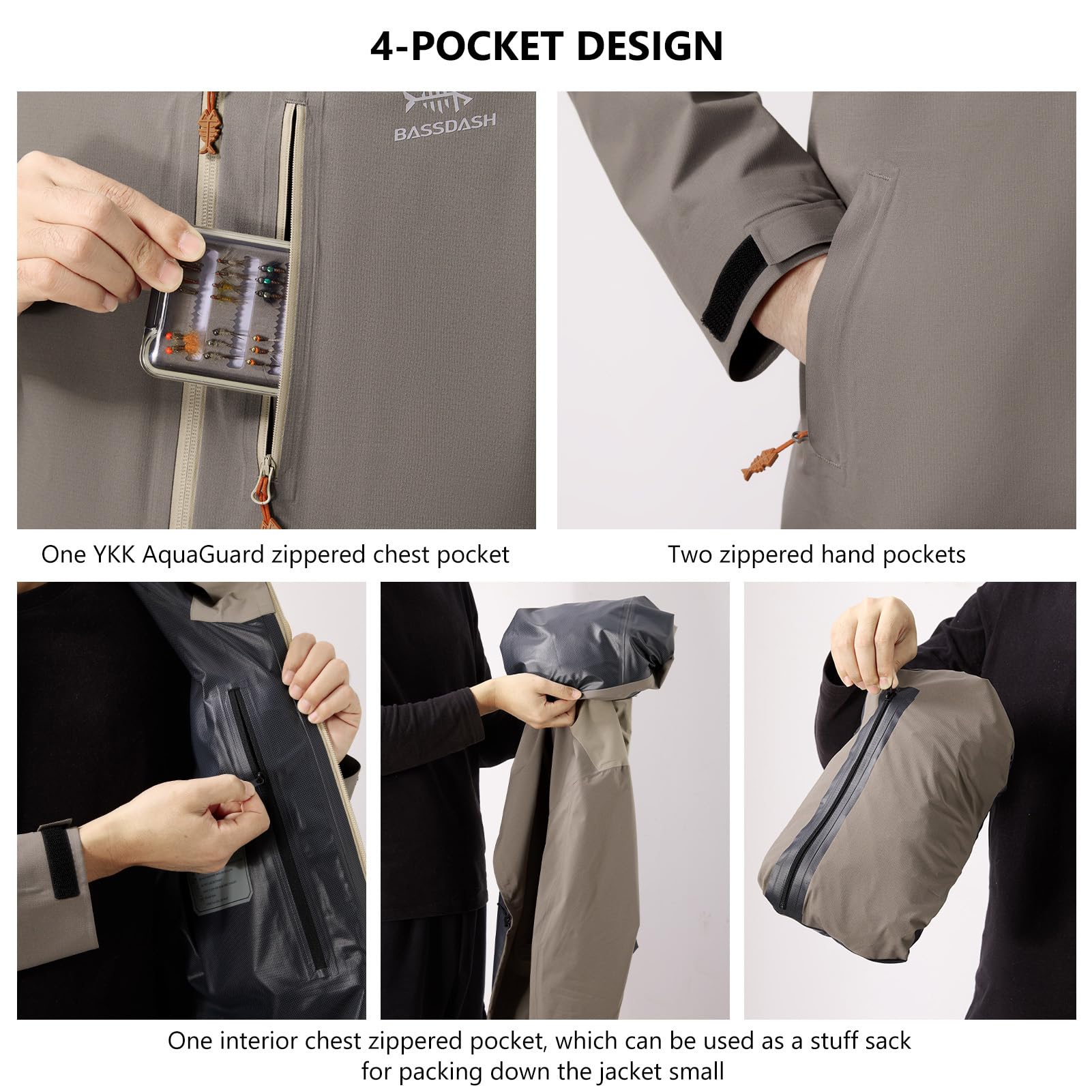 BASSDASH VORTEXIS - Chaqueta impermeable para hombre, transpirable, ultraligera, antidesgarros, plegable, para pesca, caza, senderismo