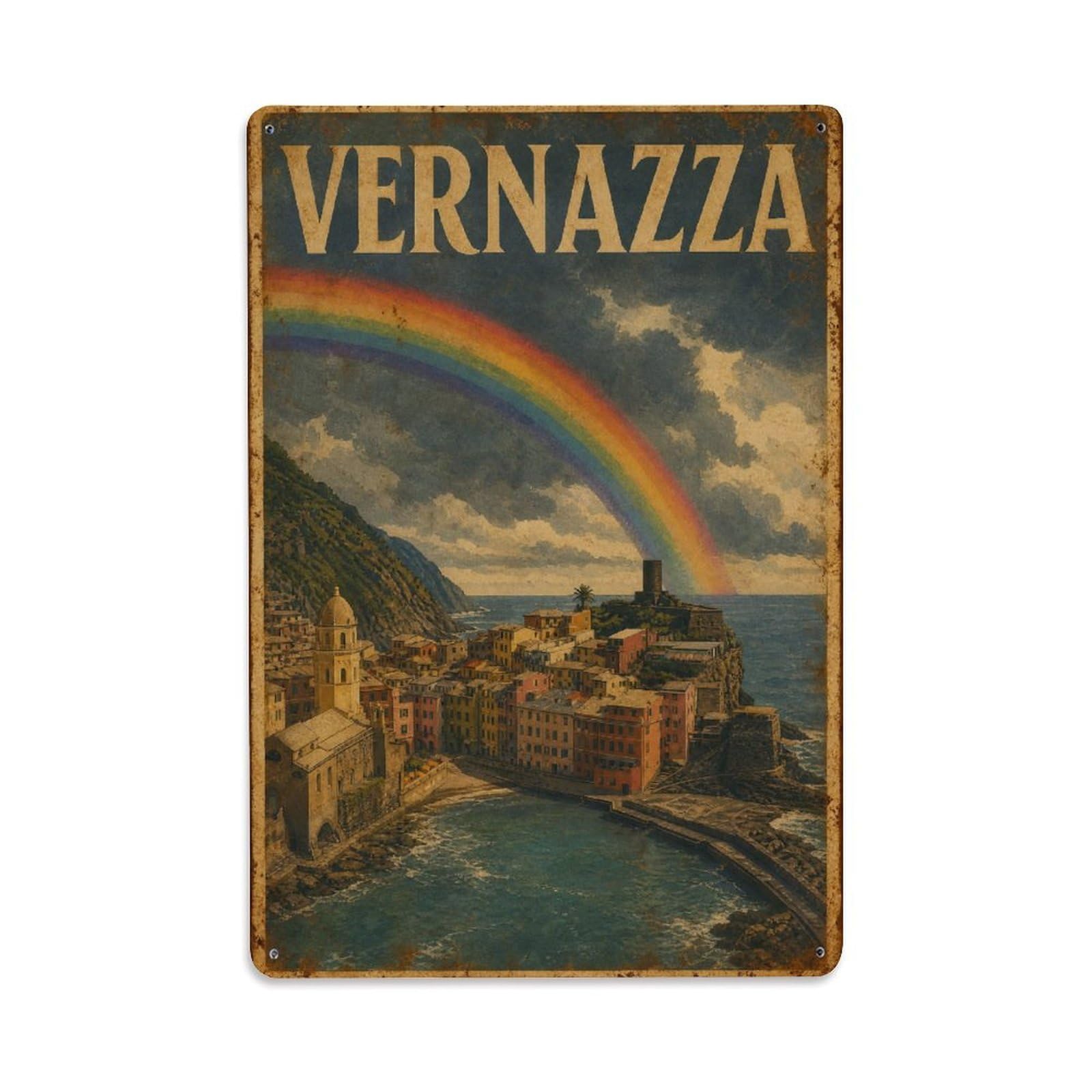 Huiyhb 8X12inch(20X30cm) Vintage Travel Vernazza Rainbow After Storm Colorful Arc Italy Metal Tin Sign