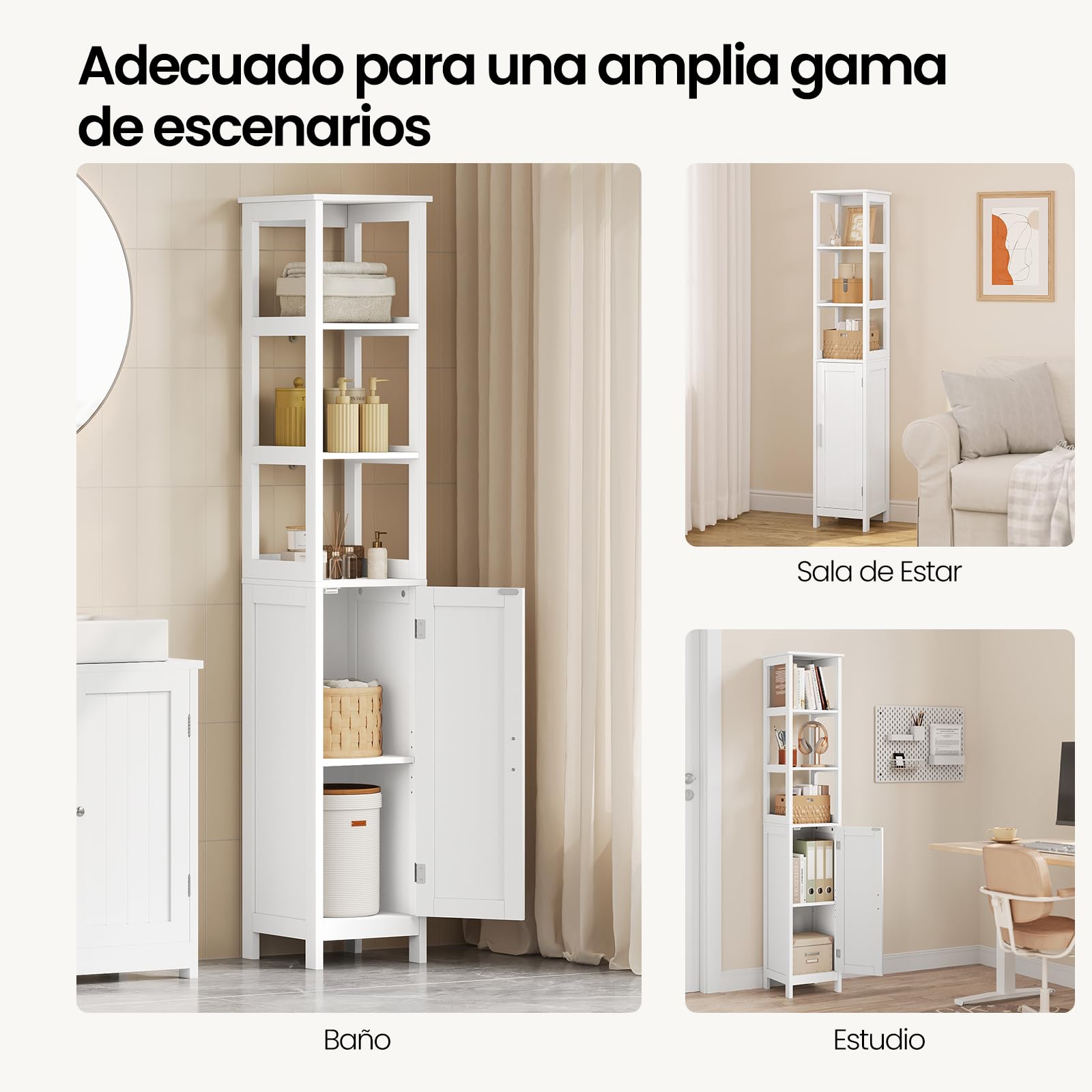 EUGAD Mueble de Baño, Armario Columna con Estantes Abiertos, Estanteria de Almacenaje, 30x30x163 cm, Mueble Auxiliar Estrecho para Baño, Sala de Estar, Estudio y Oficina, Blanco, 002WDG
