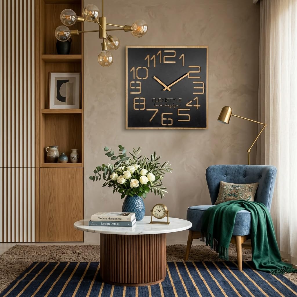 FLEXISTYLE Reloj de Pared Grande con Aspecto de Madera Digits Eco, Cuadrado, silencioso, salón, Dormitorio, (Negro, 60 cm)