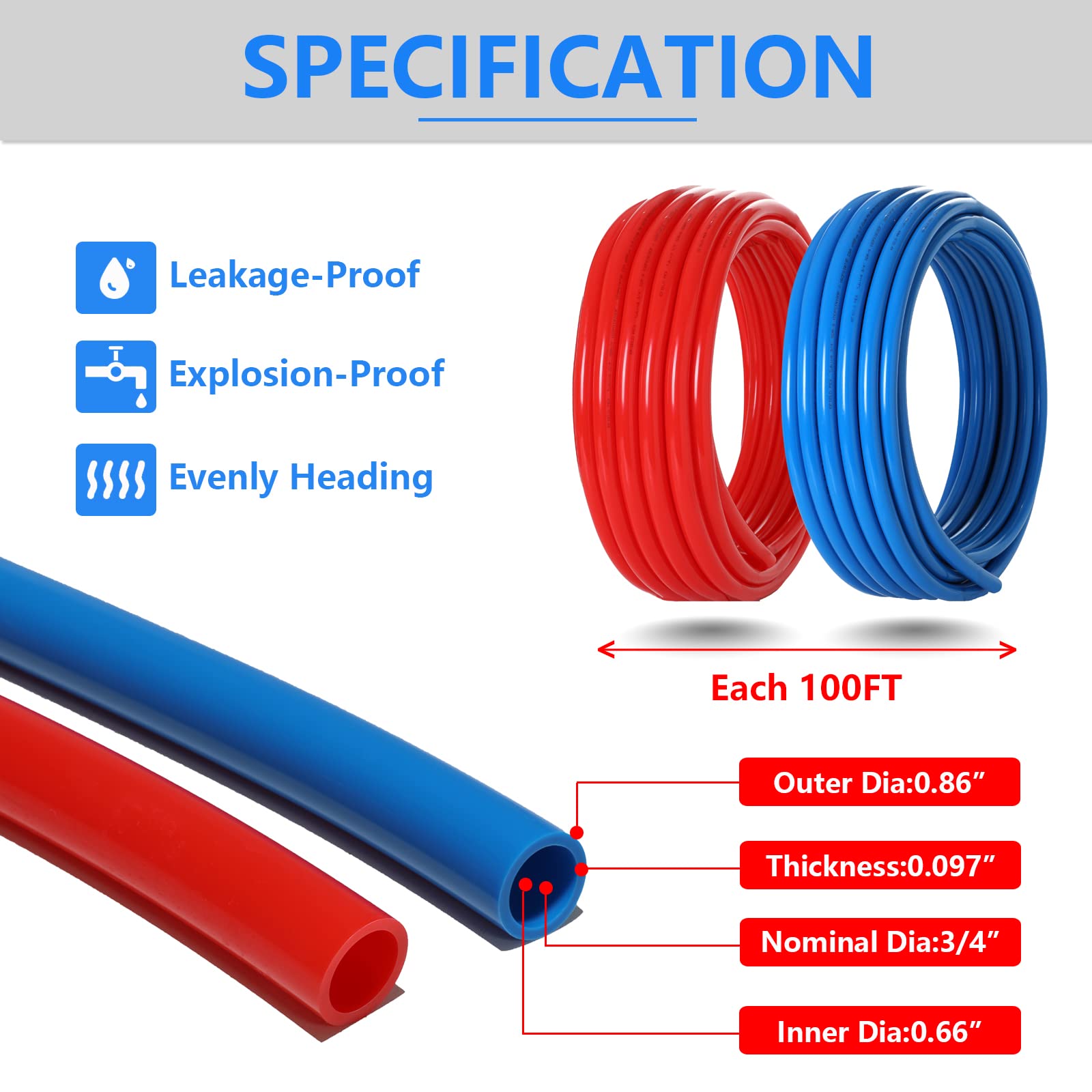 Rura PEX-B 3/4 cala, 2 rolki i czerwona, każda o długości 100 stóp (200 stóp), z zaciskarką Pex Cinch Clamp i stalowym obcinakiem do rur, do zastosowań w instalacjach wody pitnej i grzewczych