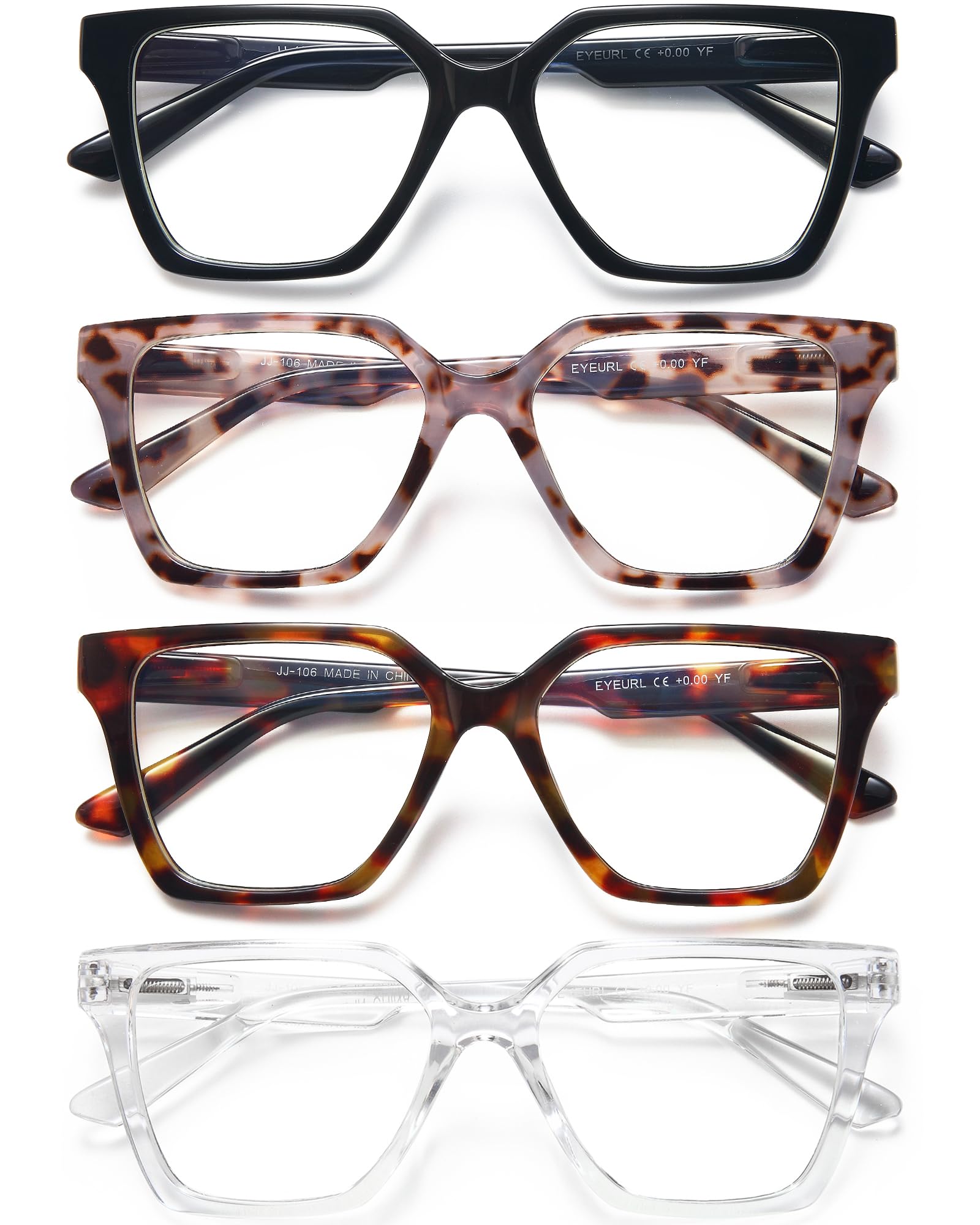 EYEURL 4 Pack Fashion Oversized Reading Glasses for Women Men Blue Light Blocking Computer Square Readers with Spring Hinge Designer Ladies Large