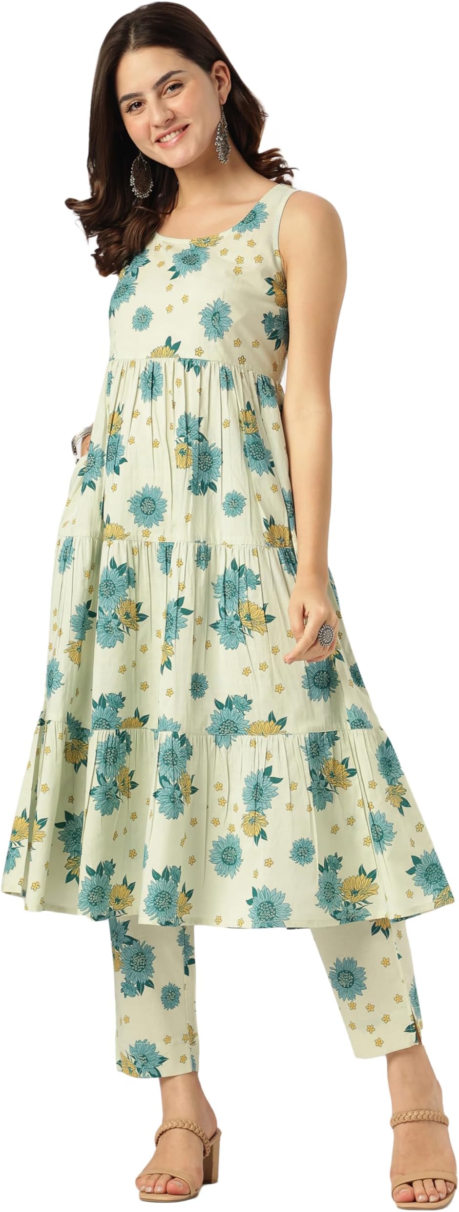 Indian Women's Cotton Mint Floral Print Casual Wear Kurta Set for Women