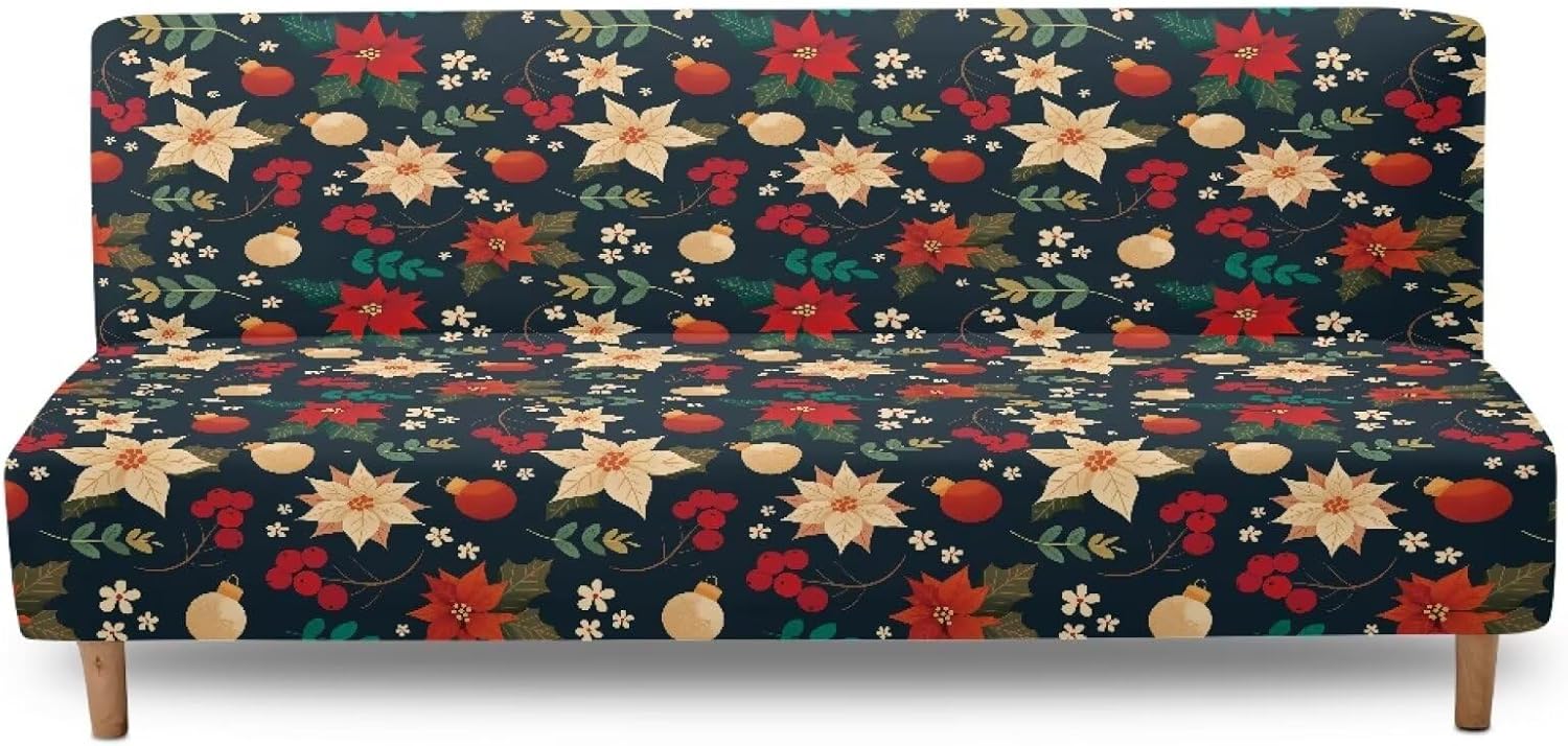 Poinsettia Armless Futon Cover Washable Stretch Futon Couch Cover for Living Room Non Slip Rv Jackknife Sofa Covers Gift for Friends