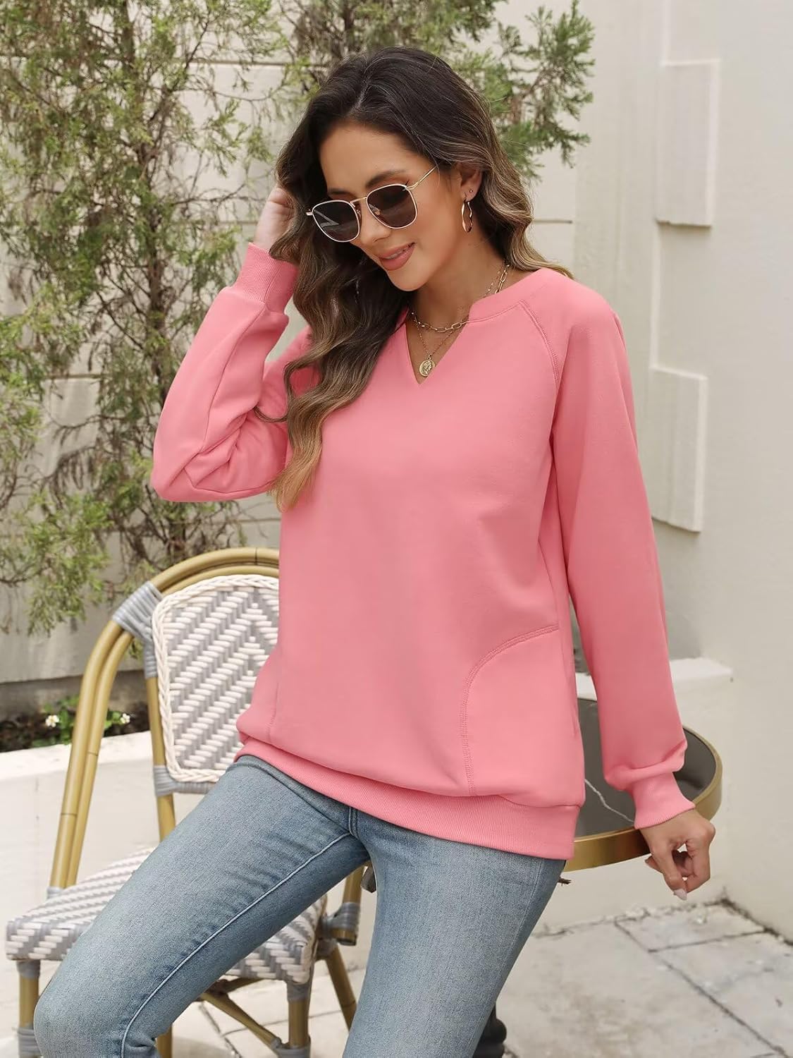 EADINVE Womens Casual Sweatshirts Long Sleeve V Neck Fleece Pullover Side With Pocket Cute Loose Fit Fall Tops 2025 - Image 5