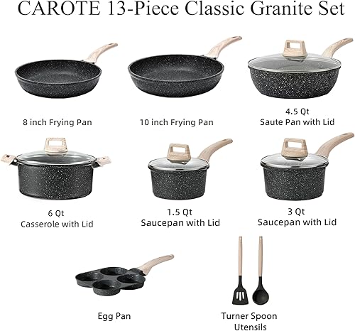 Vista 43 de CAROTE Juego de ollas y sartenes antiadherentes, juego de utensilios de cocina de inducción de granito blanco, 10 piezas antiadherentes con sartenes