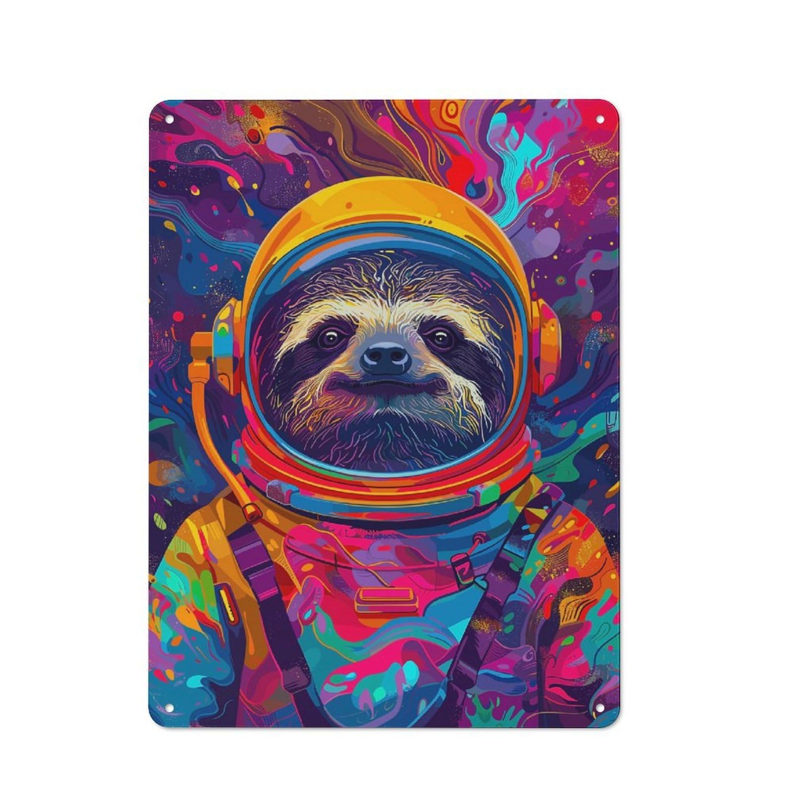 Tin Wall Plaque 40x30cm with Astronaut Space Sloth for Hallway Wall, A Decorative Metal Sign for Hallways And Entrance Areas