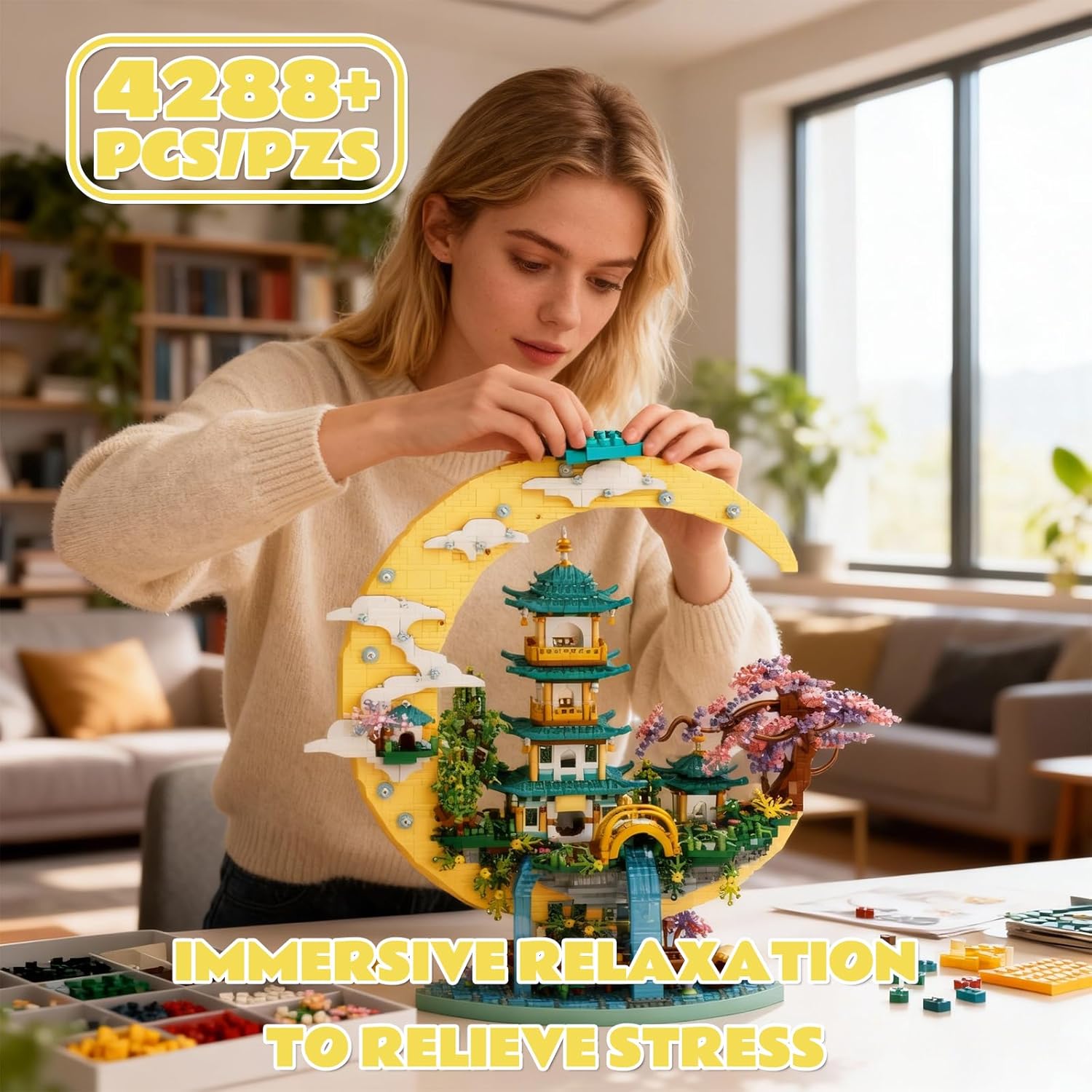 Chinese Moon Palace Architecture Building Set,Cherry Blossom Bonsai Bricks, Micro Japanese Sakura Tree House Model,Moon-Themed Building Kit.Ideal Gift for Adults & Teens. - Image 7