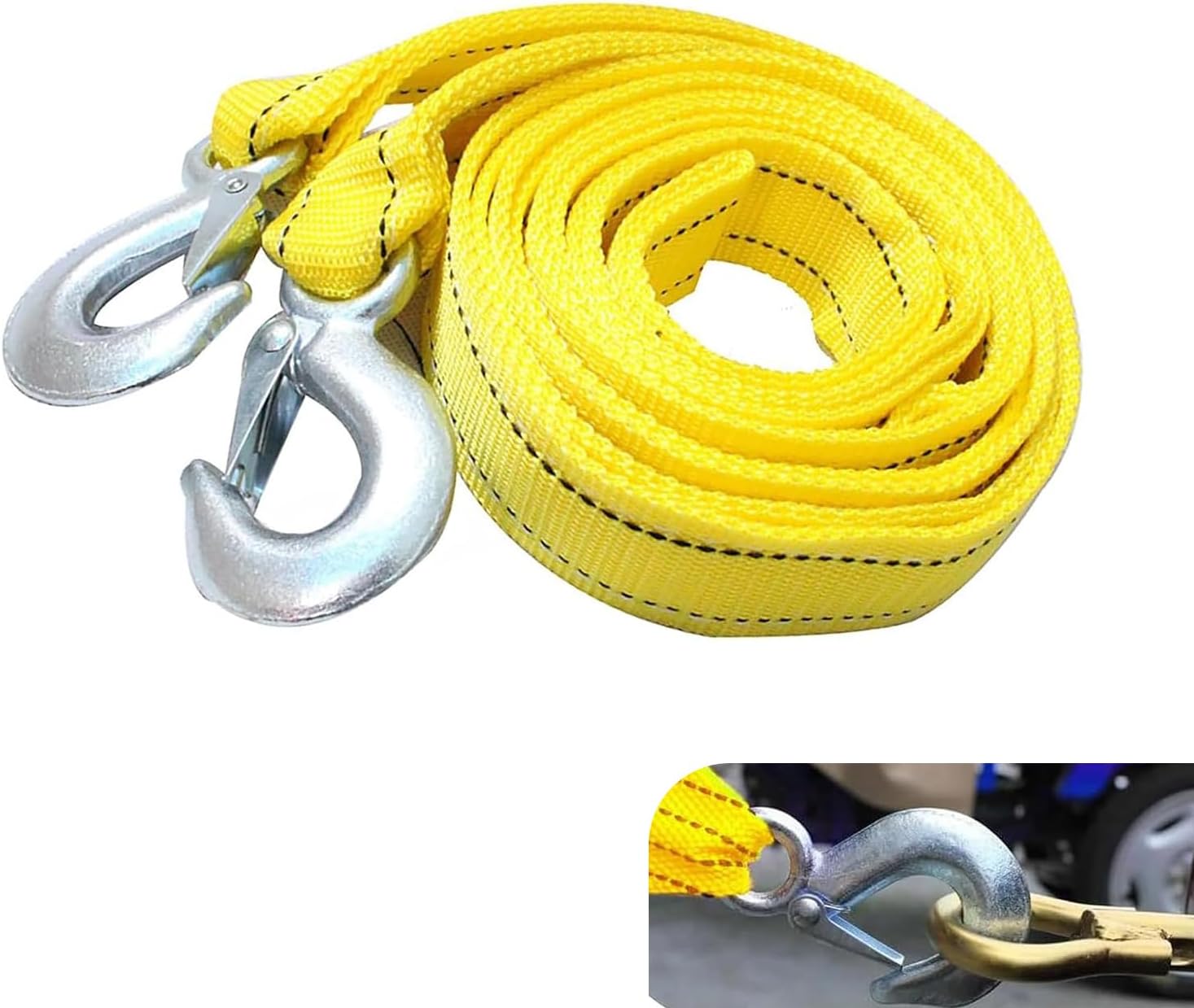 Yorpyep Heavy-Duty Nylon Car Towing Rope with U-Hooks & Reflective Strip - 13ft Double-Layer Tow Strap for Cars, Trailers & Cargo (Yellow)