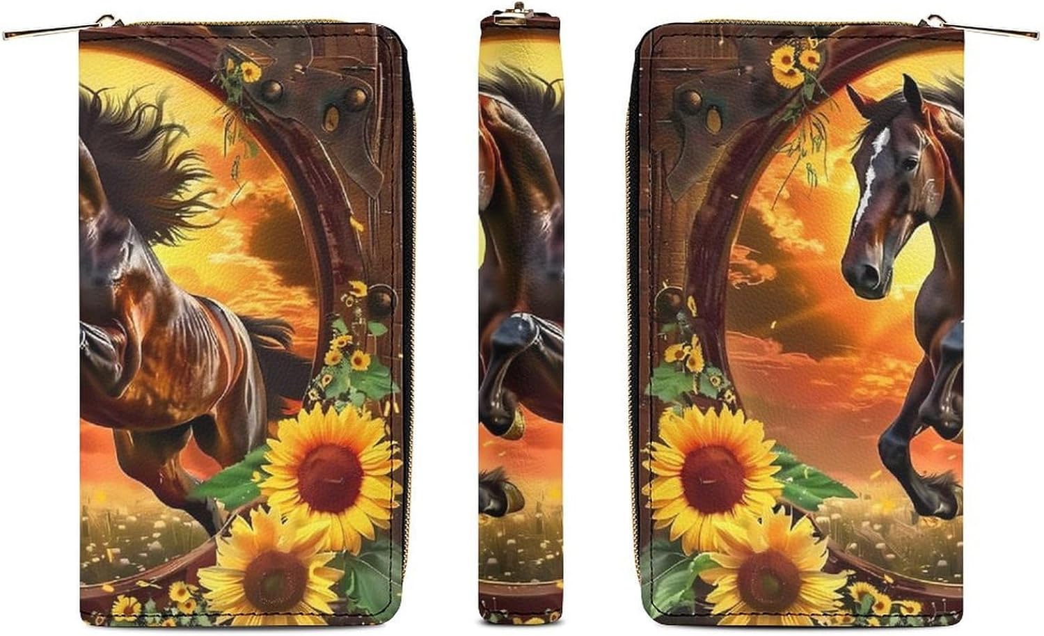 3D Horse Sunflower Long Zippered Pouch for Men And Women Large Clutch Cash Wallet with Credit Card Slots