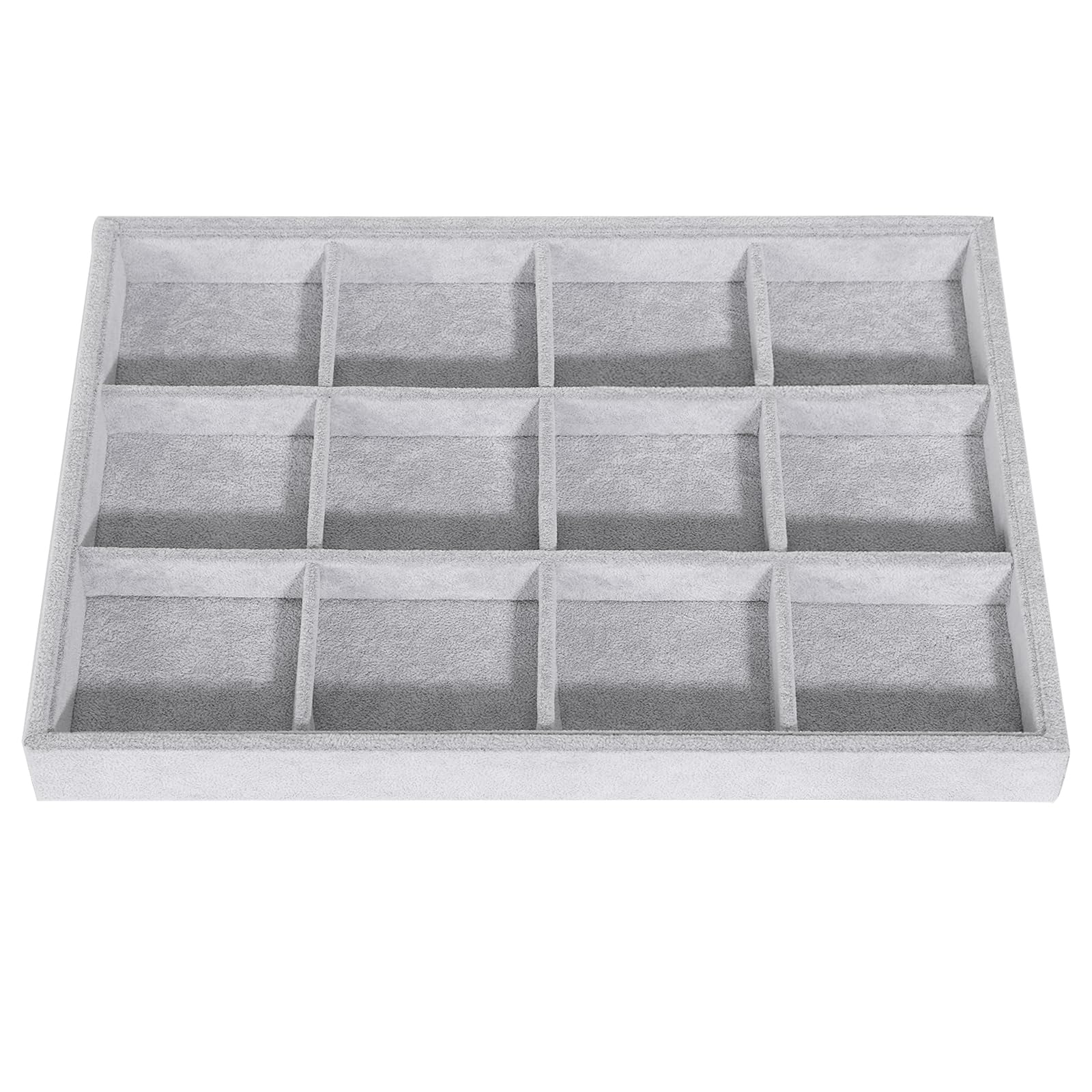 Emibele Jewelry Tray, 12 Grids Compartments Jewelry Organizer for Necklace, Ring, Earring, Stud, Bracelet, Soft Velvet Jewelry Showcase Display Tray, Grey