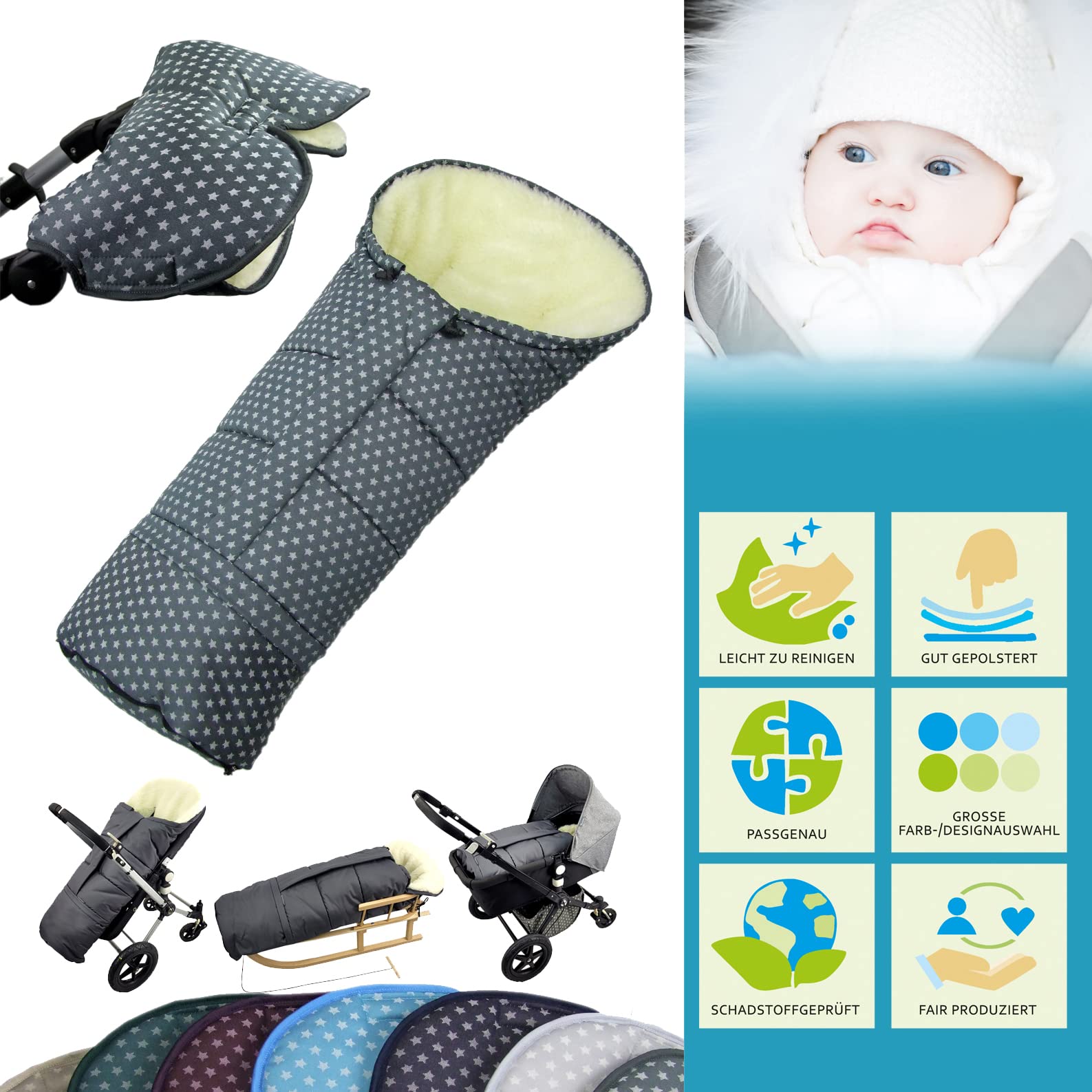 Bambiniwelt, offerta combinato MUFF + sacco a pelo invernale in lana d'agnello per passeggino, carrozzina, slitta, stelle turchesi XX