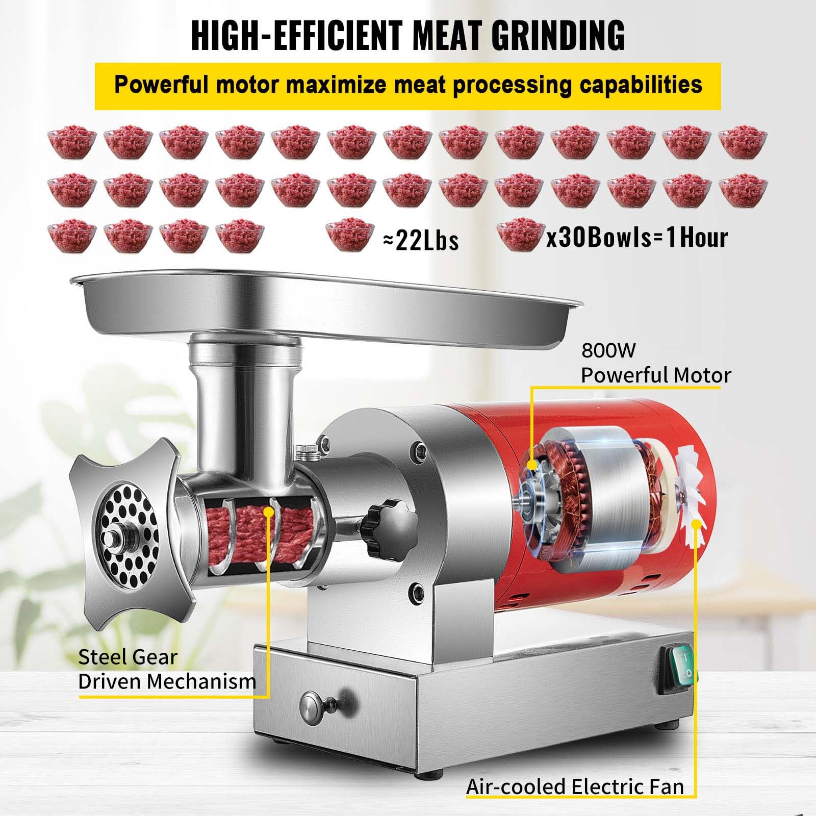 VEVOR Tritacarne Elettrico Efficienza 300kg/min, Tritacarne Industriale da Banco 180giri/min Macchina per Salsicce Piastra di Macinazione, Tritacarne Commerciale in Acciaio Inox Cucina Ristorante