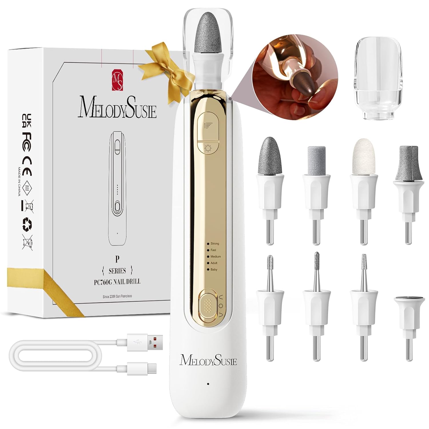 MelodySusie Professional Manicure Pedicure Kit,8-in-1 Electric Nail Drill Set with 5 Speeds,Rechargeable Cordless E-File with 360° LED Light,Perfect Hand Foot Care Trimmer Polish Tools – PC760G MelodySusie Professional Manicure Pedicure Kit,8-in-1 Electric Nail Drill Set with 5 Speeds,Rechargeable Cordless E-File with 360° LED Light,Perfect Hand Foot Care Trimmer Polish Tools – PC760G