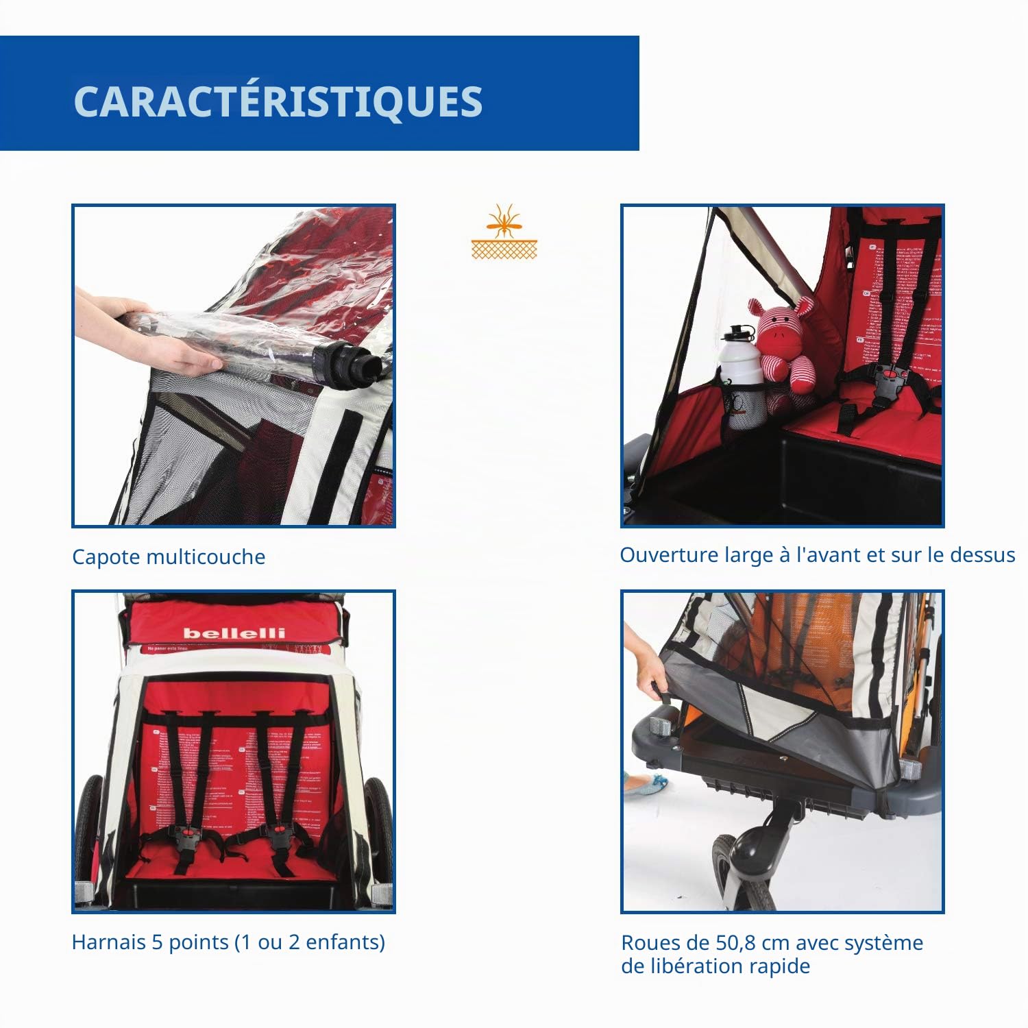 b bellelli B-Travel - Remorque pour Enfants, à accrocher au vélo - pour Les Enfants d’Un Poids Maximal de 16 kg et d’Une Taille maximale de 1,10 m - Accrochage au vélo
