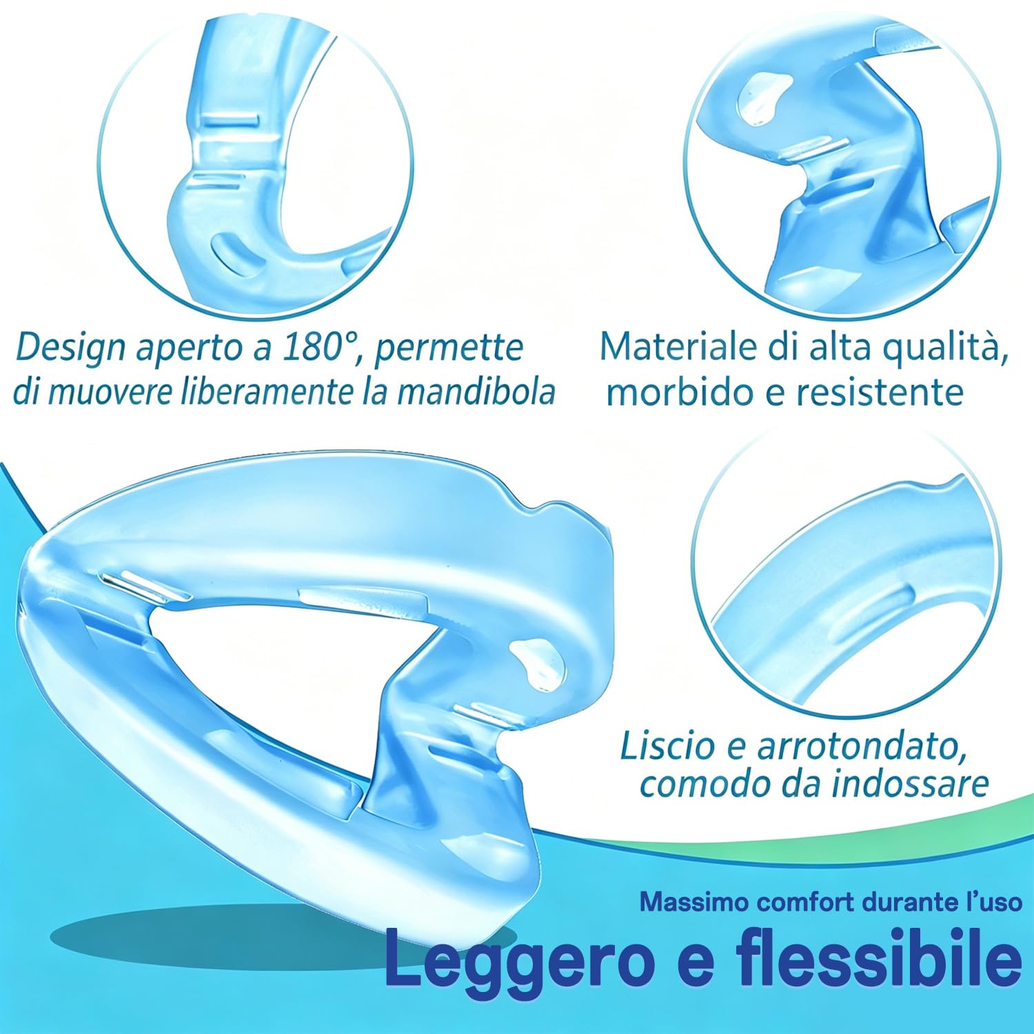 AIOUTGOGO Dispositivo Anti Russamento, Bite Antirussamento con Design Aperto 180°, Riutilizzabile, Pronto all'Uso, Leggero e Confortevole, Supporto per Ridurre il Russare, per Uomo e Donna (Blu Opaco)
