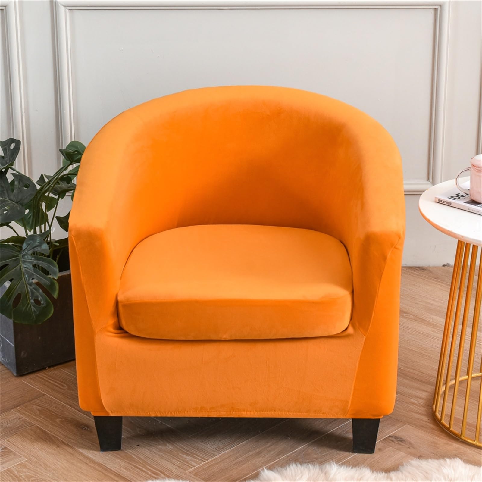 Tub Chair Covers 2 Piece Set - Soft Velvet Tub Chair Cover 2 IN 1 Design Removable Bucket Chair Covers Stretch Armchair Covers with Cushion Cover for Dining Living Room Office Reception (Orange)