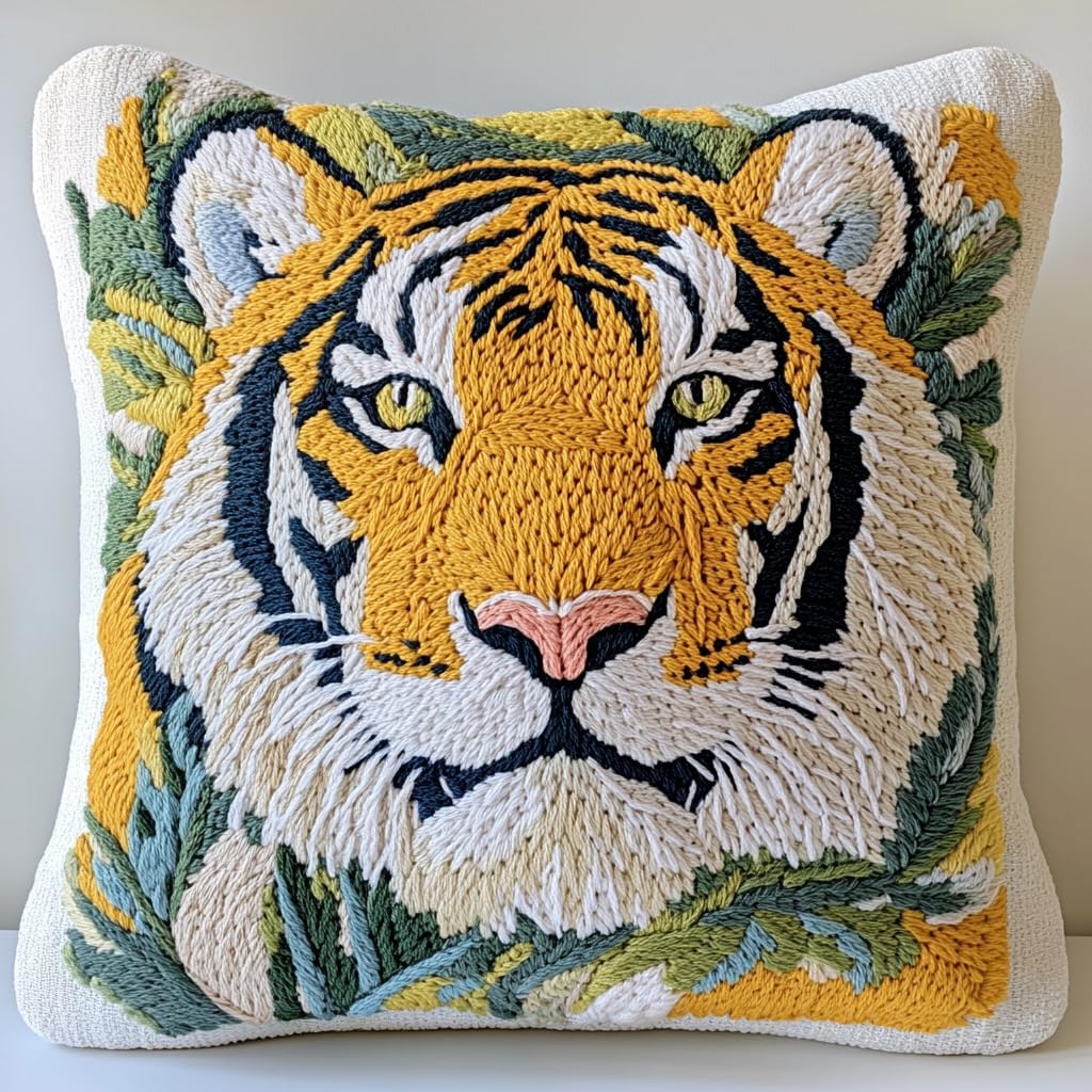 DIY Punch Needle Pillow Kit White Tiger with Pattern and Hoop Handmade Embroidery Punch Needle Starter Pillowcase Set for Home Sofa Decor 43x43cm-1-1
