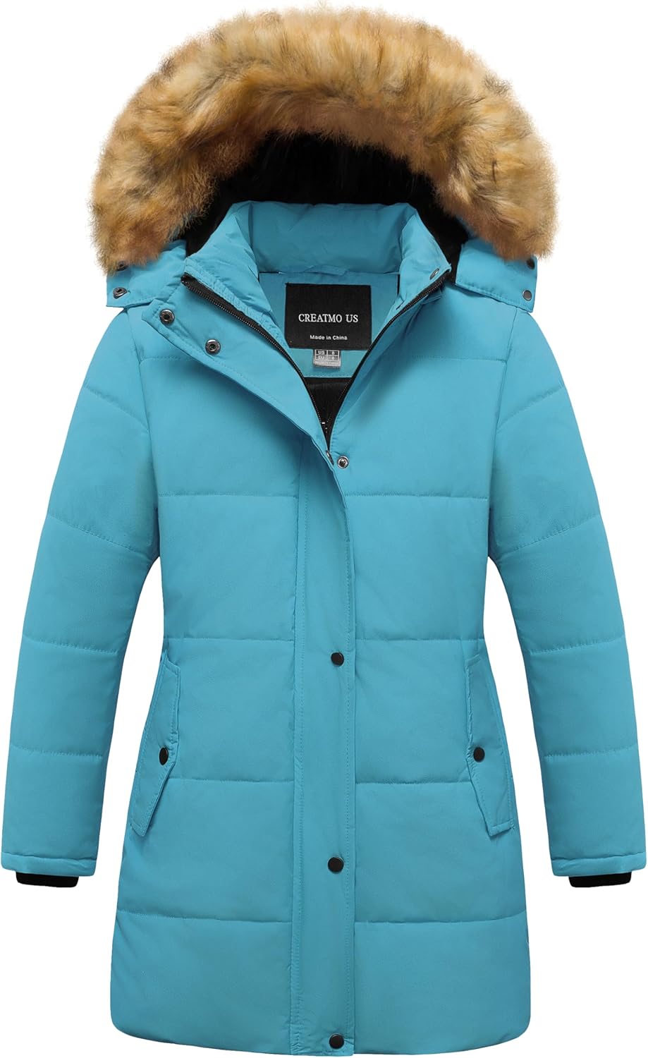 CREATMO US Girl's Winter Fleece Lined Long Parka Puffer Coat Thicken Ski Jacket With Fur Trim Hood