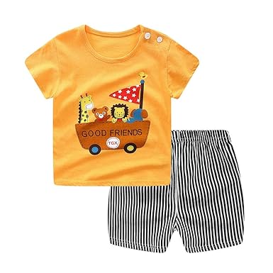 Hopscotch Unisex Cotton Teddy Print Half Sleeve T-Shirt and Short in Yellow Color