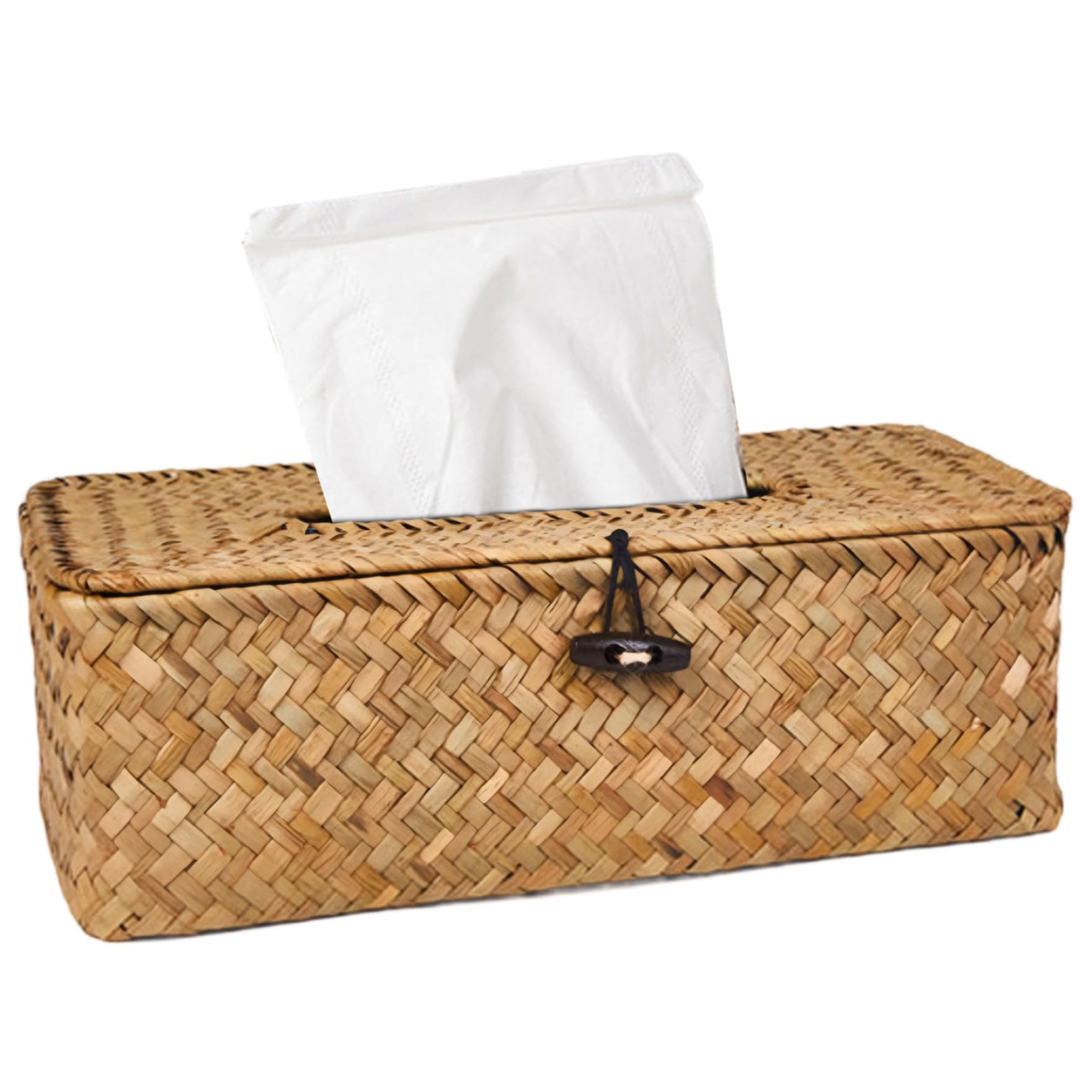 Tissue Box Cover Rectangle Seagrass Rattan Tissue Box Holder Woven Cover with Flip-Open Top Decorative Facial Holder for Barthroom Kitchen Office Table Desk