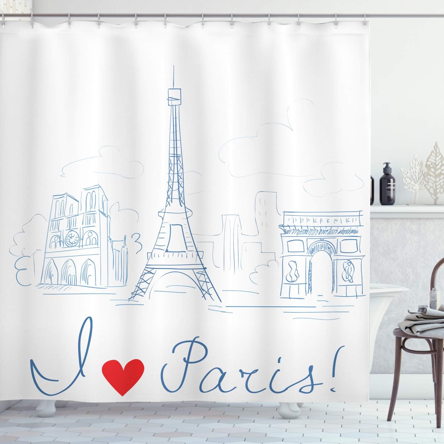 Ambesonne Paris Shower Curtain, Sketch of The City with I Love Paris Lettering Fashion Center Europe Modern, Cloth Fabric Bathroom Decor Set with Hooks, 69" W x 84" L, White Blue