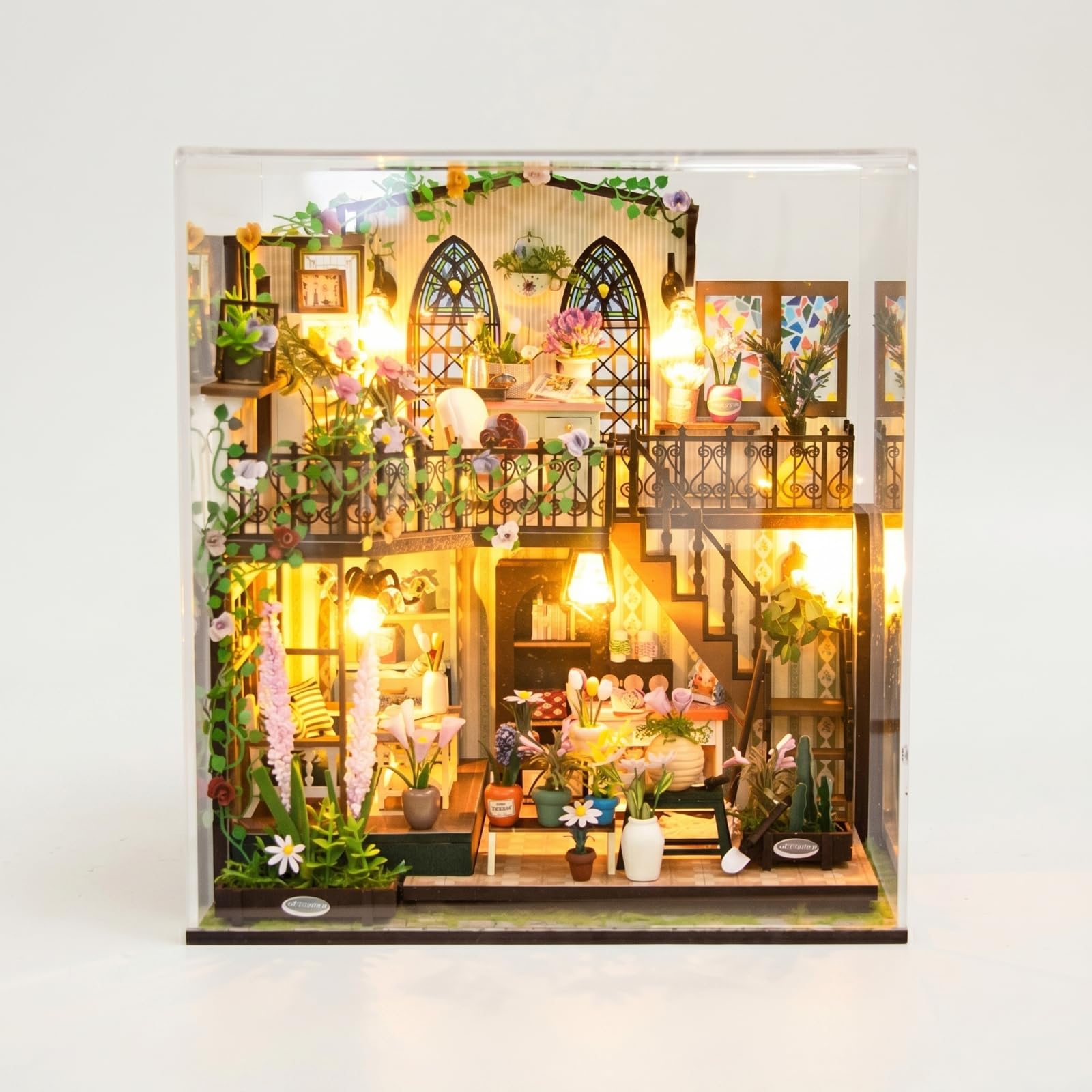 Casa in Miniatura Assemblabile Modello Bungalow Giardino Kit Casa Fai da Te Diorama con Interna E Balcone in Legno Carta Tessuto con Illuminazione, Versione Cinese Con Copertura Antipolvere