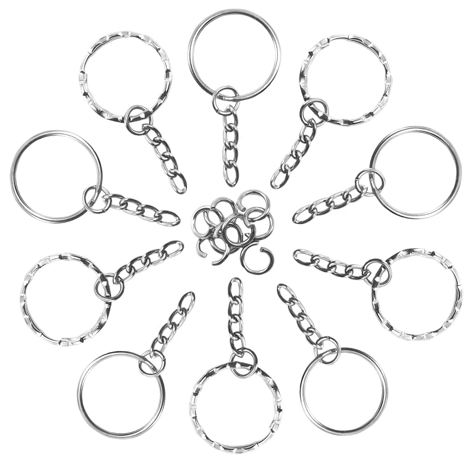 Akord Silver 60 Pcs Keyring Blanks With Chains And Jump Rings – 25Mm Split Metal Key Rings For Diy Crafts, Keychains, Jewellery Making, Nickel-Plated