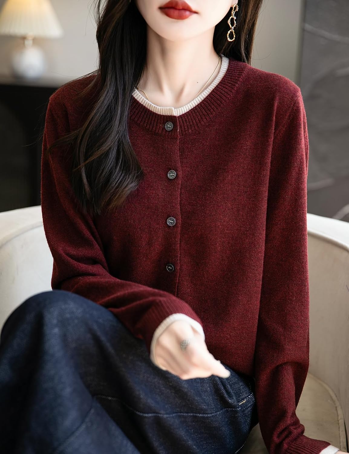Women's Merino Wool Blend Cardigan 2025 Fall Winter Fake Two Piece Color Block Crewneck Long Sleeve Knit Sweater - Image 3