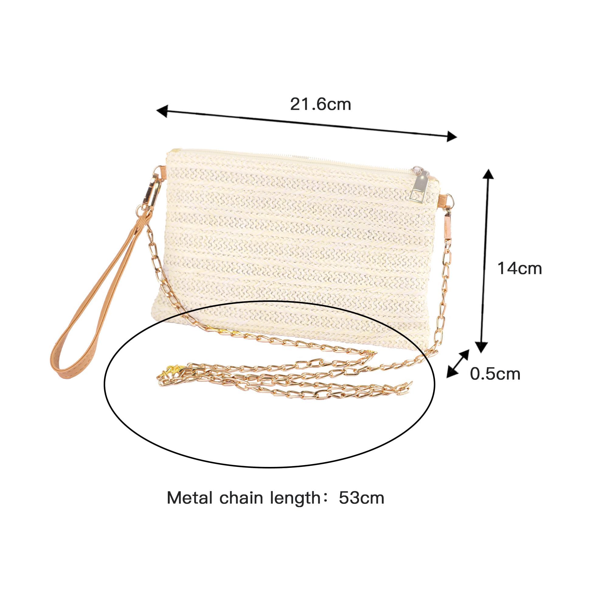 Eiyye Straw Clutch Purse Womens Handbag Boho Summer Beach Purse Wristlet Wallets with Zipper Chains(off white)